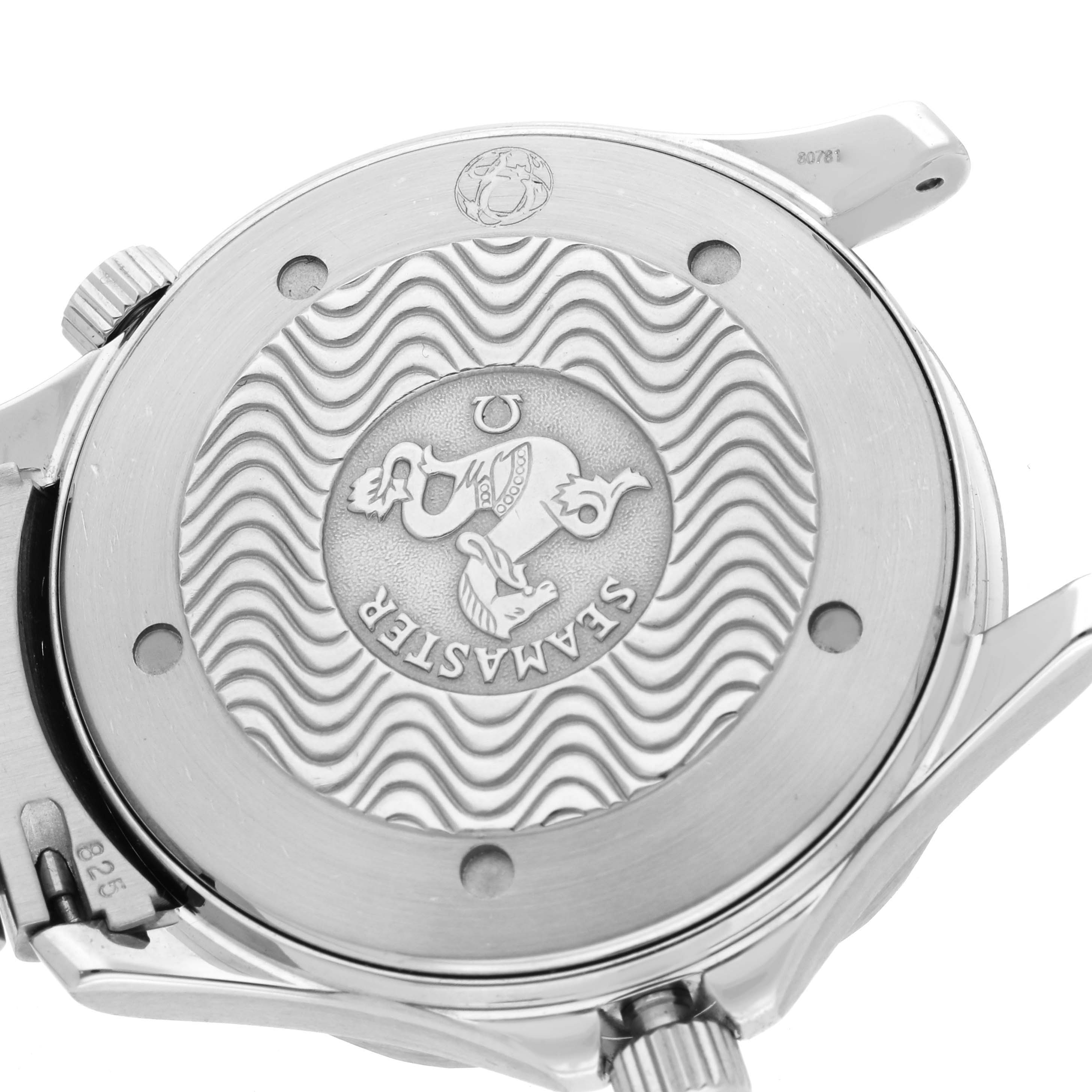 The image shows the case back of an Omega Seamaster 2531.80.00 Men
s Stainless Steel Blue Dial 2531.80.00 Men
s Stainless Steel Blue Dial watch, featuring its engraved design and wavy pattern.