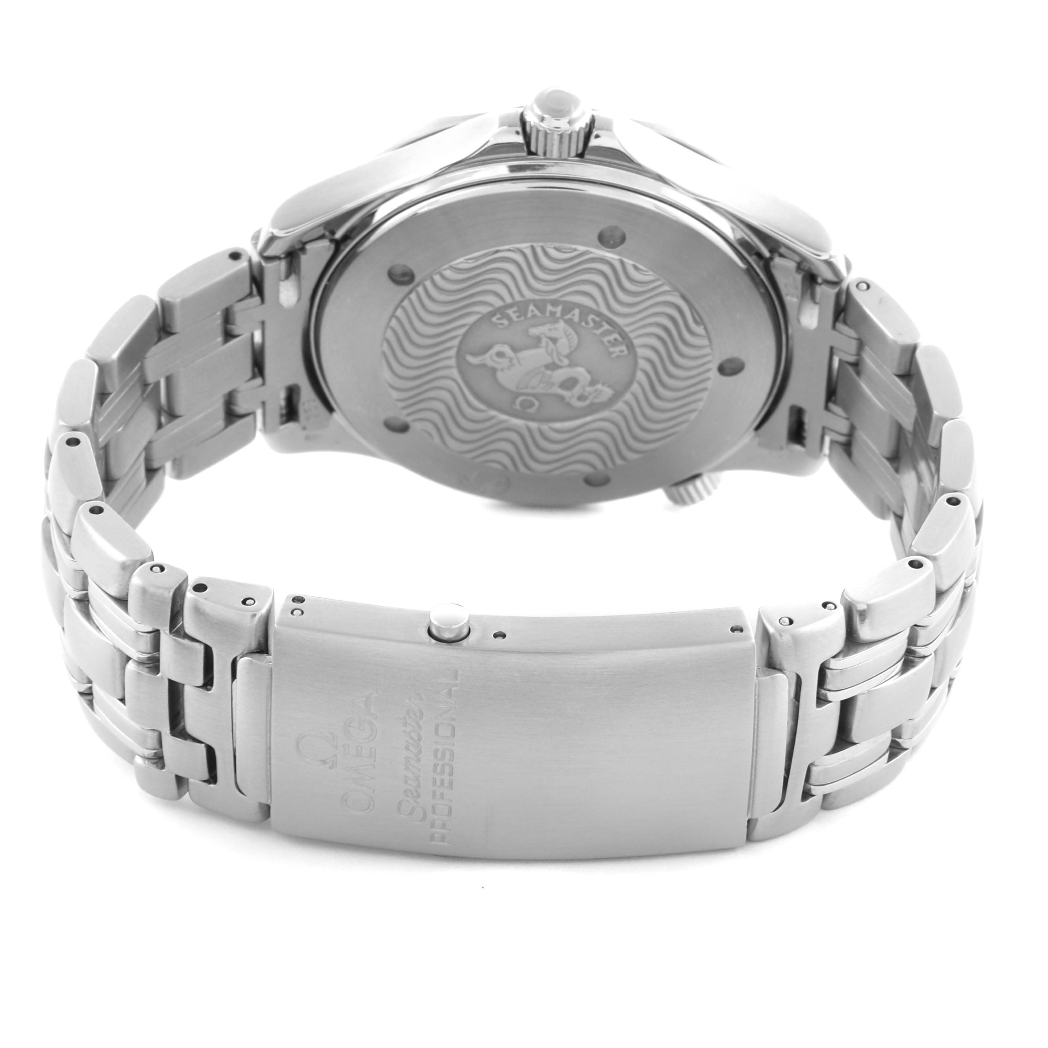 The Omega Seamaster 2531.80.00 Men
s Stainless Steel Blue Dial 2531.80.00 Men
s Stainless Steel Blue Dial watch is shown from the back, highlighting the case back and stainless steel bracelet clasp.