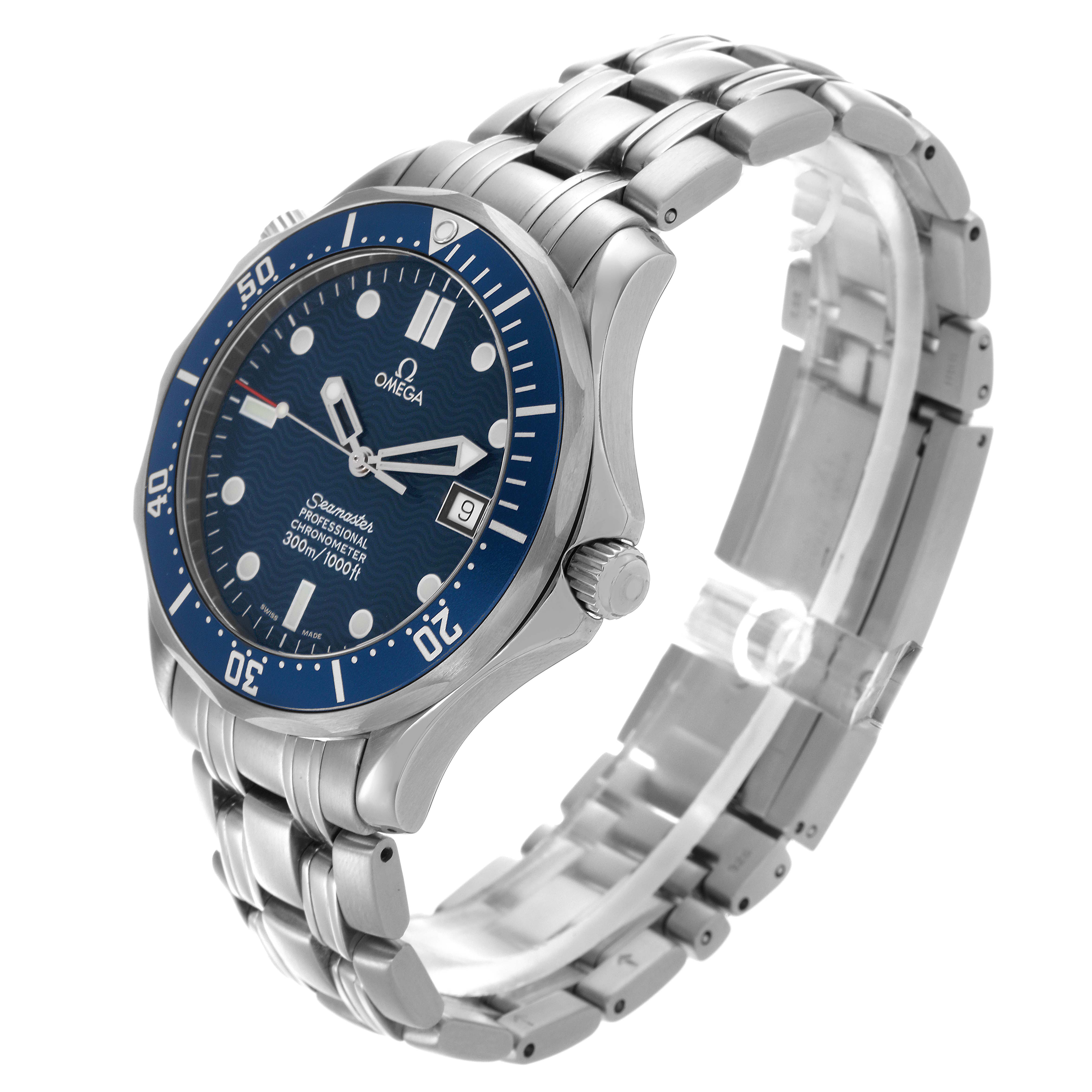The Omega Seamaster 2531.80.00 Men
s Stainless Steel Blue Dial 2531.80.00 Men
s Stainless Steel Blue Dial watch is shown at a three-quarter angle, highlighting its face, bezel, crown, and metal bracelet.
