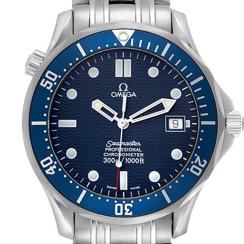 The Omega Seamaster watch is shown from a frontal angle, displaying the dial, bezel, crown, and metal bracelet.