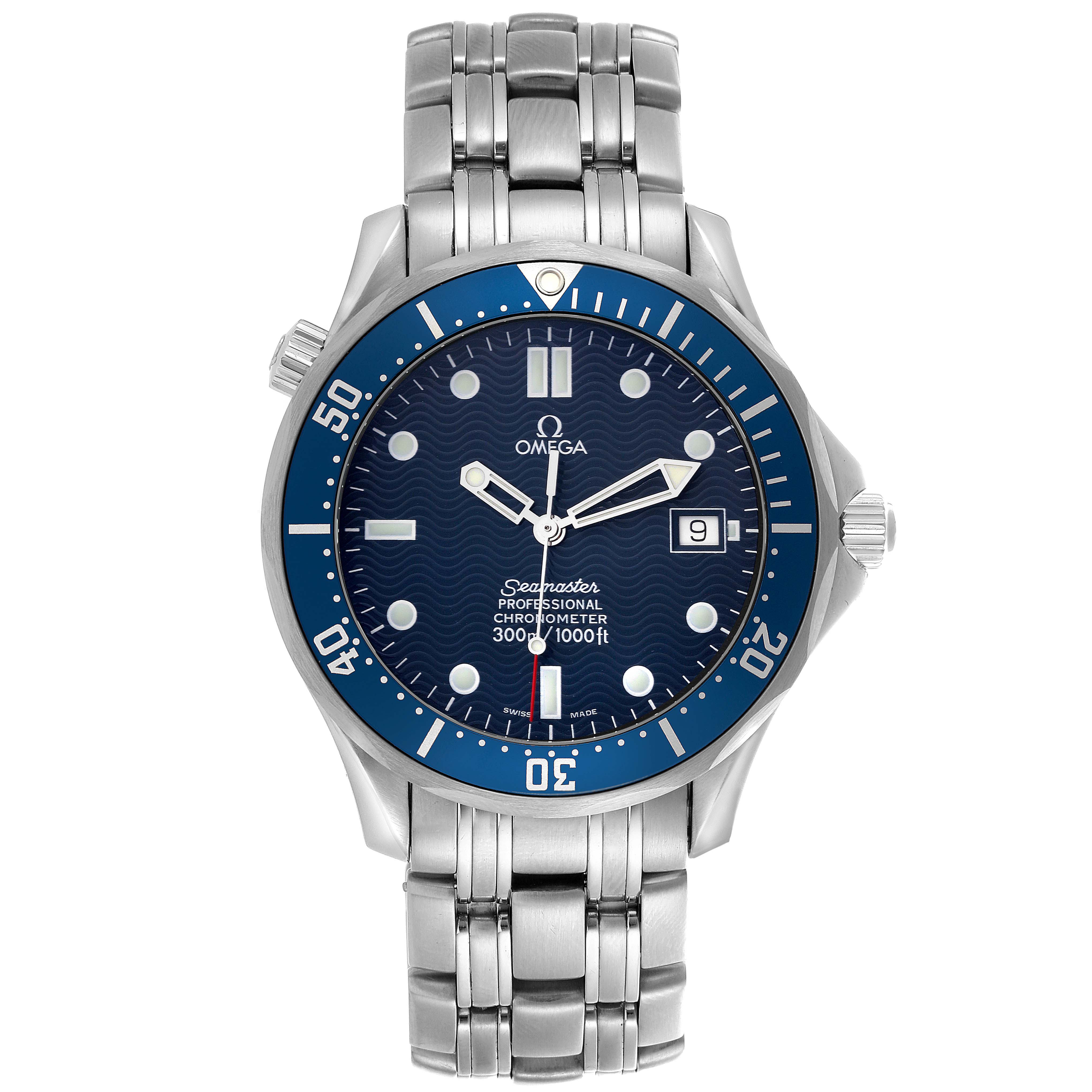 The Omega Seamaster 2531.80.00 Men
s Stainless Steel Blue Dial 2531.80.00 Men
s Stainless Steel Blue Dial watch is shown from the front, displaying the face, bezel, and metal bracelet.