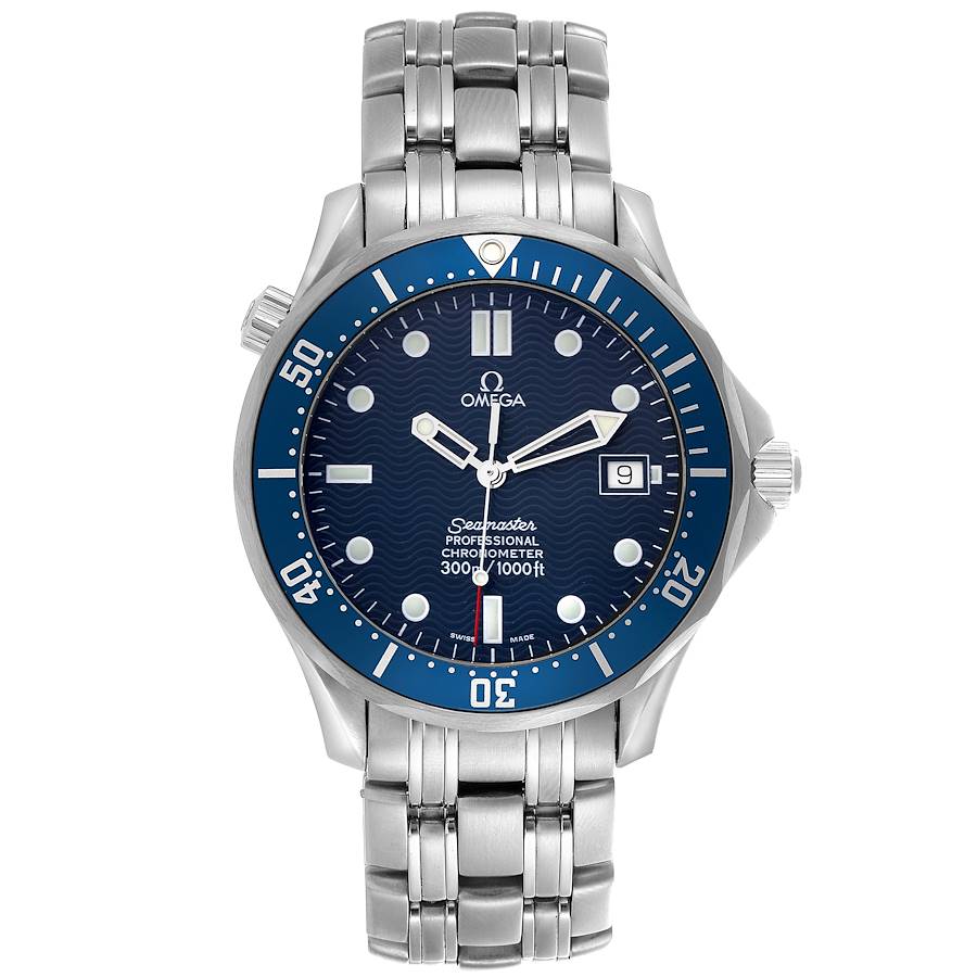 The Omega Seamaster watch is shown from the front, displaying the face, bezel, and metal bracelet.