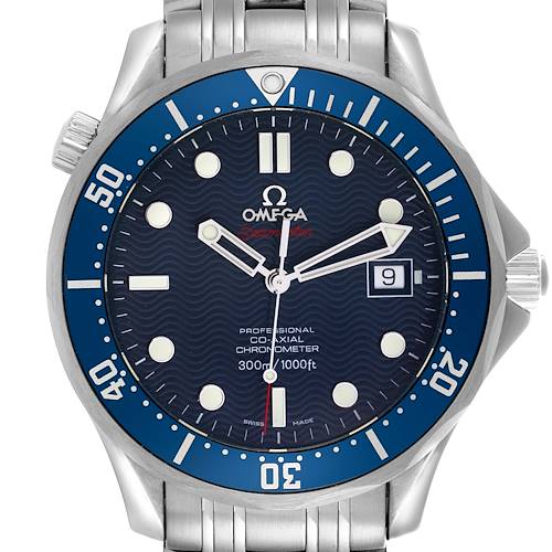 The Omega Seamaster watch is shown from a front angle, highlighting the dial, bezel, crown, and part of the bracelet.