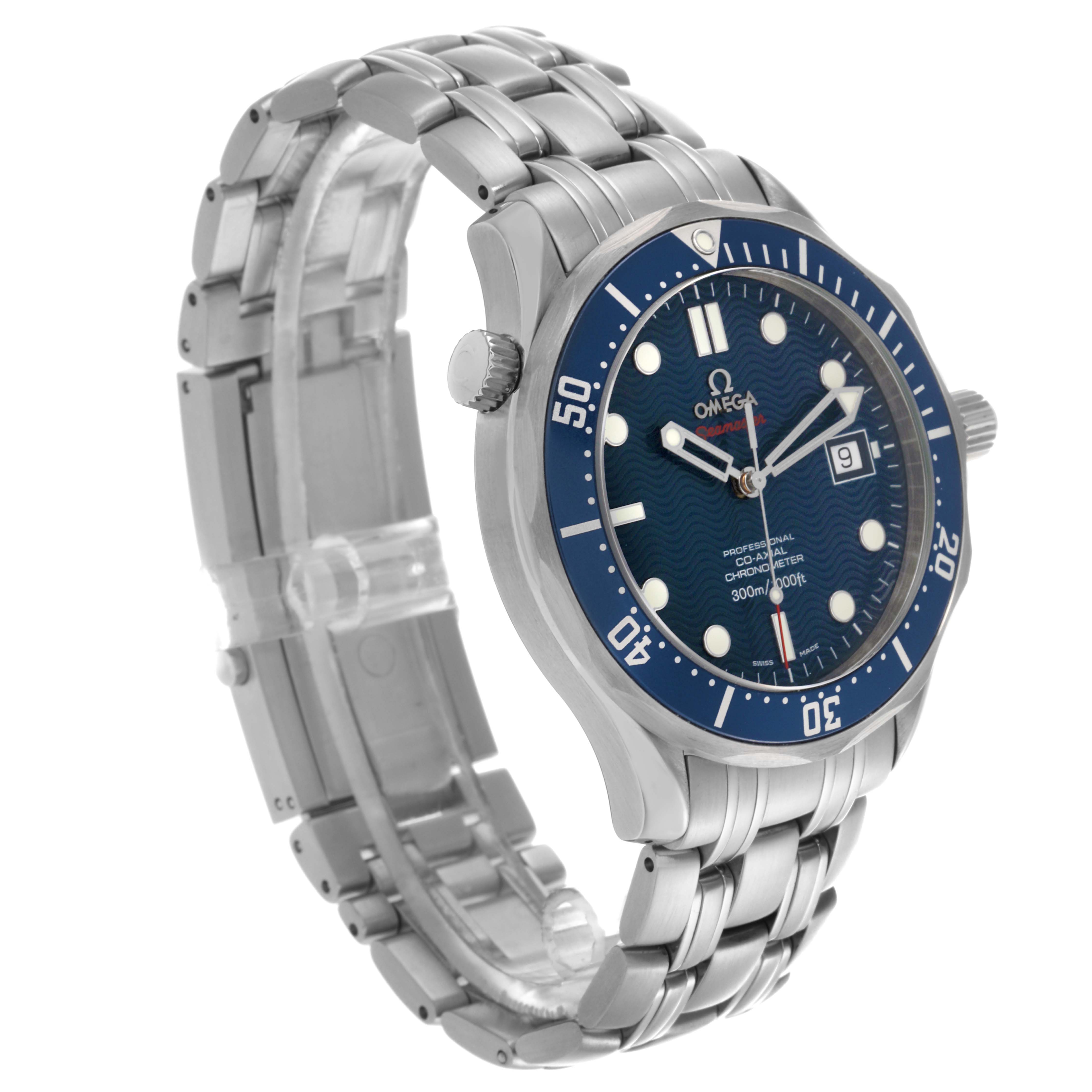 The Omega Seamaster 2220.80.00 Men
s Stainless Steel Blue Dial 2220.80.00 Men
s Stainless Steel Blue Dial watch is shown at a three-quarter angle, displaying the bracelet, bezel, and face clearly.
