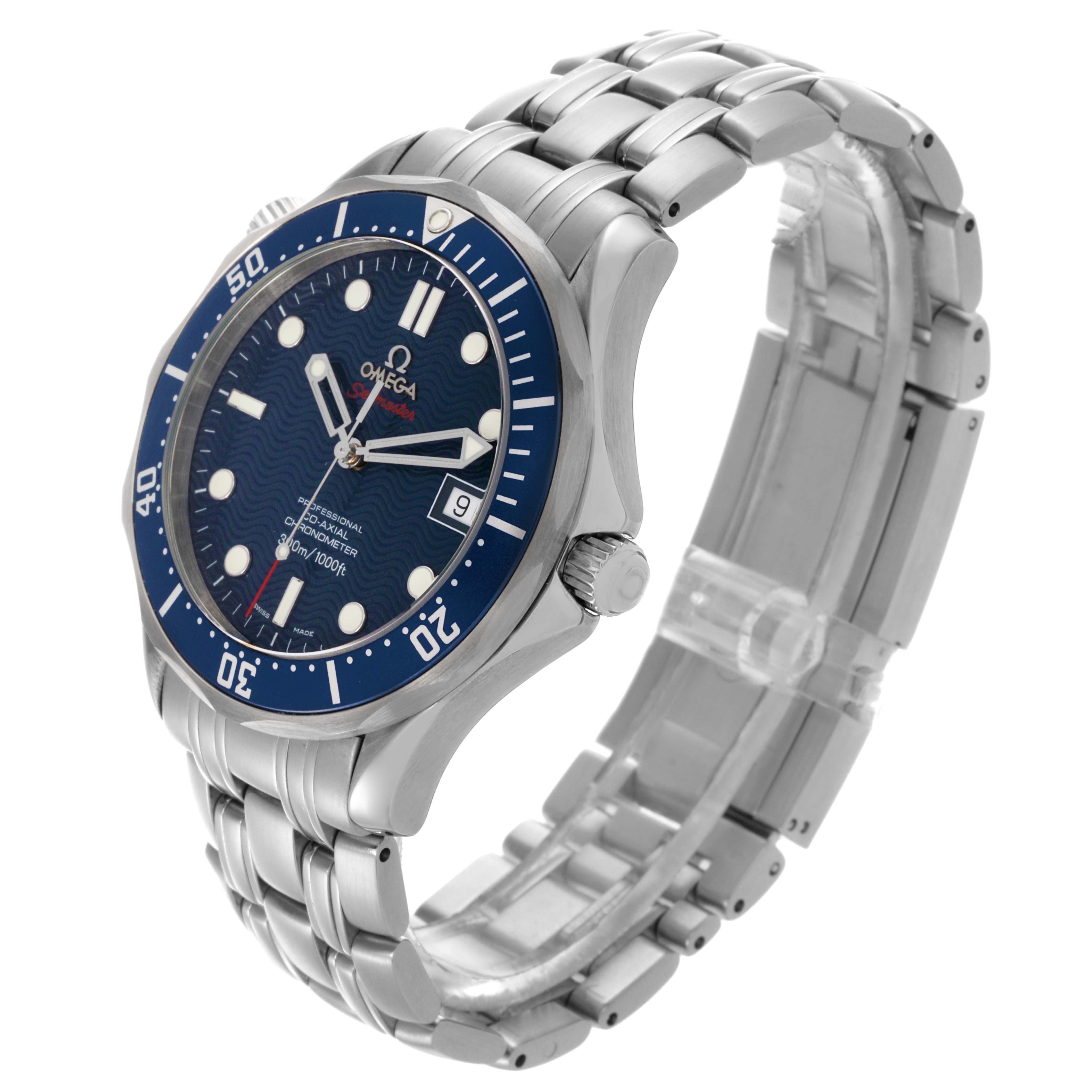The Omega Seamaster 2220.80.00 Men
s Stainless Steel Blue Dial 2220.80.00 Men
s Stainless Steel Blue Dial watch is shown at a three-quarter angle, displaying the bracelet, face, bezel, and crown.