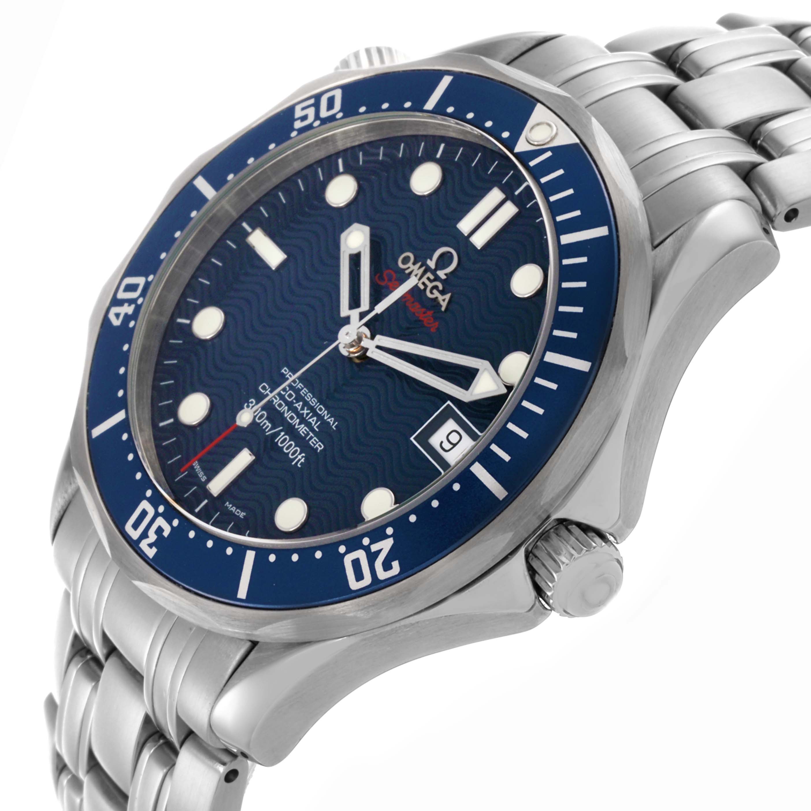 The Omega Seamaster 2220.80.00 Men
s Stainless Steel Blue Dial 2220.80.00 Men
s Stainless Steel Blue Dial watch is shown at an angled side view, displaying the face, bezel, bracelet, and crown.