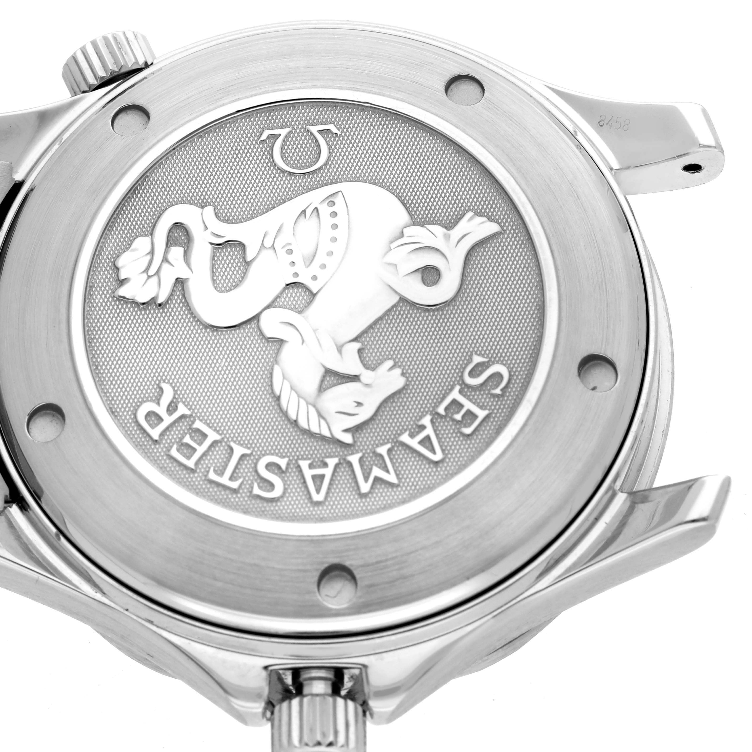 The image shows the case back of an Omega Seamaster 2220.80.00 Men
s Stainless Steel Blue Dial 2220.80.00 Men
s Stainless Steel Blue Dial watch, featuring its logo and brushed steel finish.