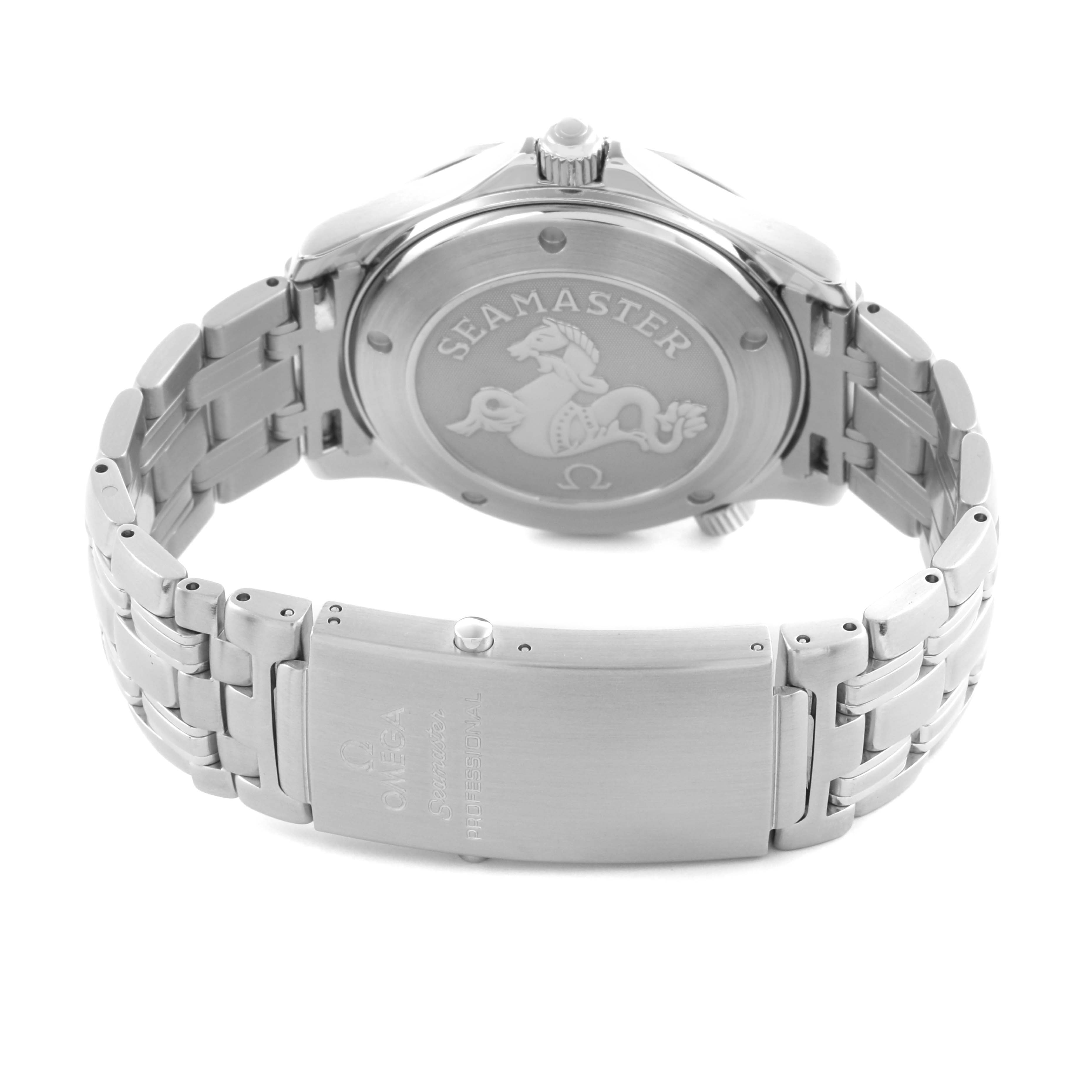 The image shows the back and bracelet of the Omega Seamaster 2220.80.00 Men
s Stainless Steel Blue Dial 2220.80.00 Men
s Stainless Steel Blue Dial watch, highlighting the engraved case back and clasp.