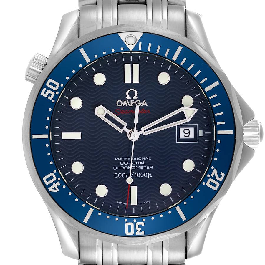 The Omega Seamaster watch is shown from a front angle, displaying the dial, bezel, and date window.