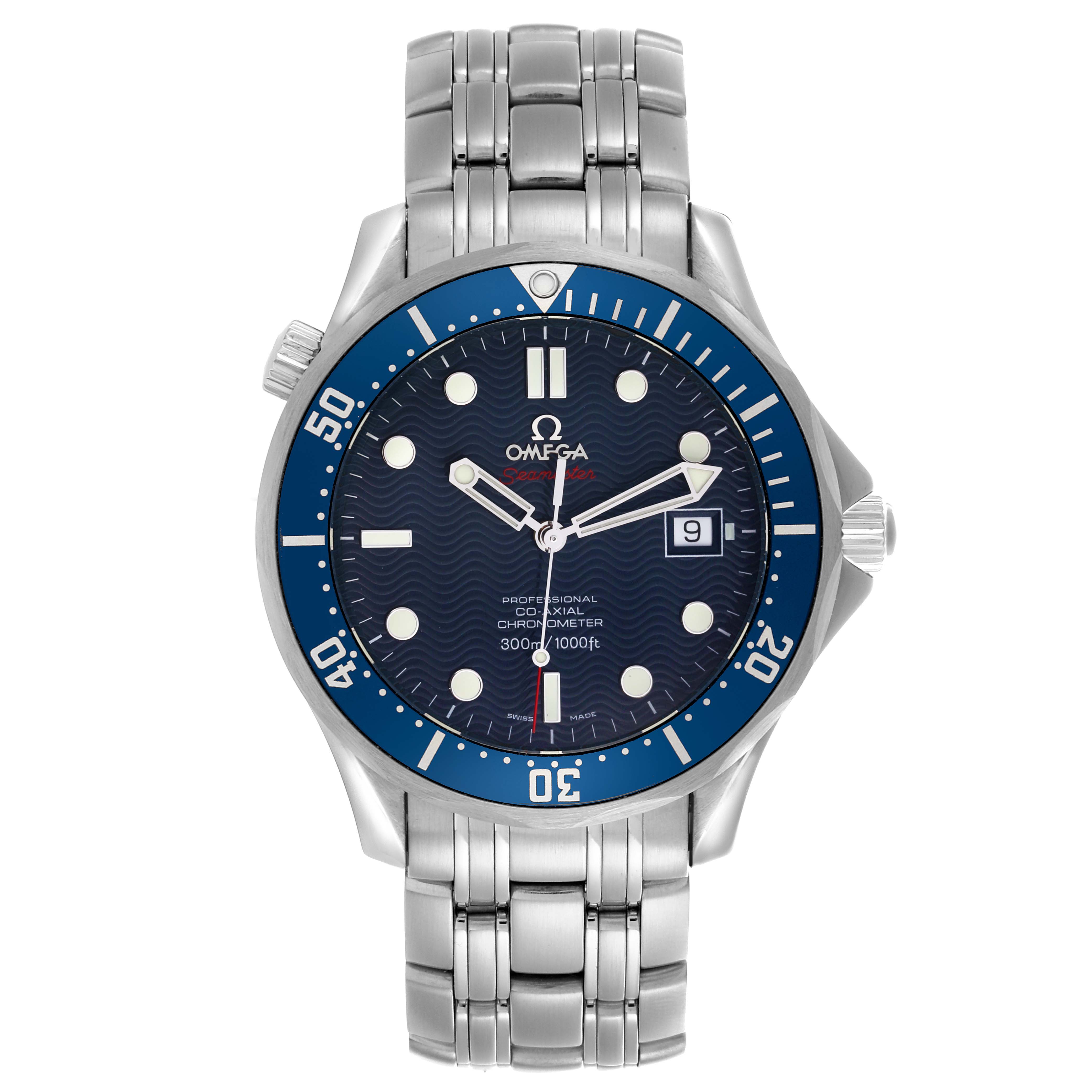 The image shows a front view of the Omega Seamaster 2220.80.00 Men
s Stainless Steel Blue Dial 2220.80.00 Men
s Stainless Steel Blue Dial watch, displaying its face, bezel, bracelet, and crown.