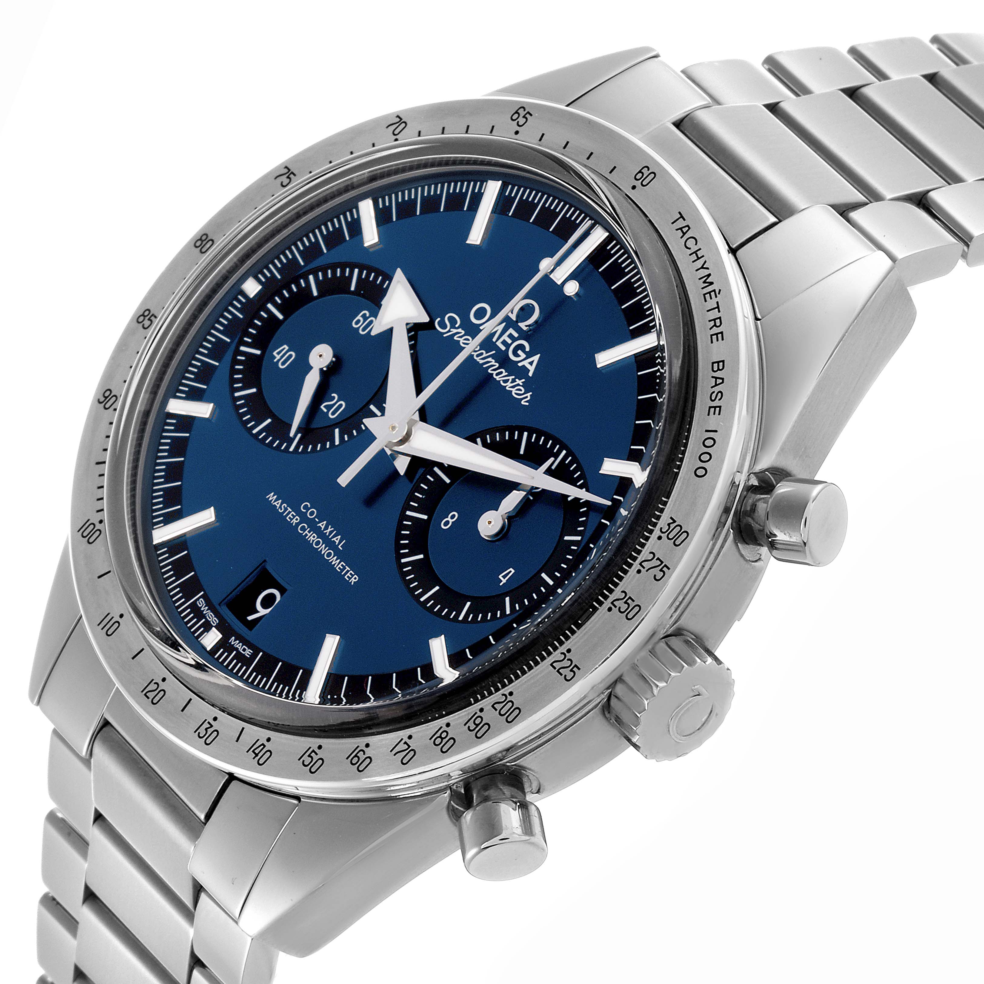 The Omega Speedmaster 332.10.41.51.03.001 Men's Stainless Steel Blue Dial 332.10.41.51.03.001 Men's Stainless Steel Blue Dial watch is shown at an angle displaying the face, bezel, chronograph sub-dials, and stainless steel bracelet.