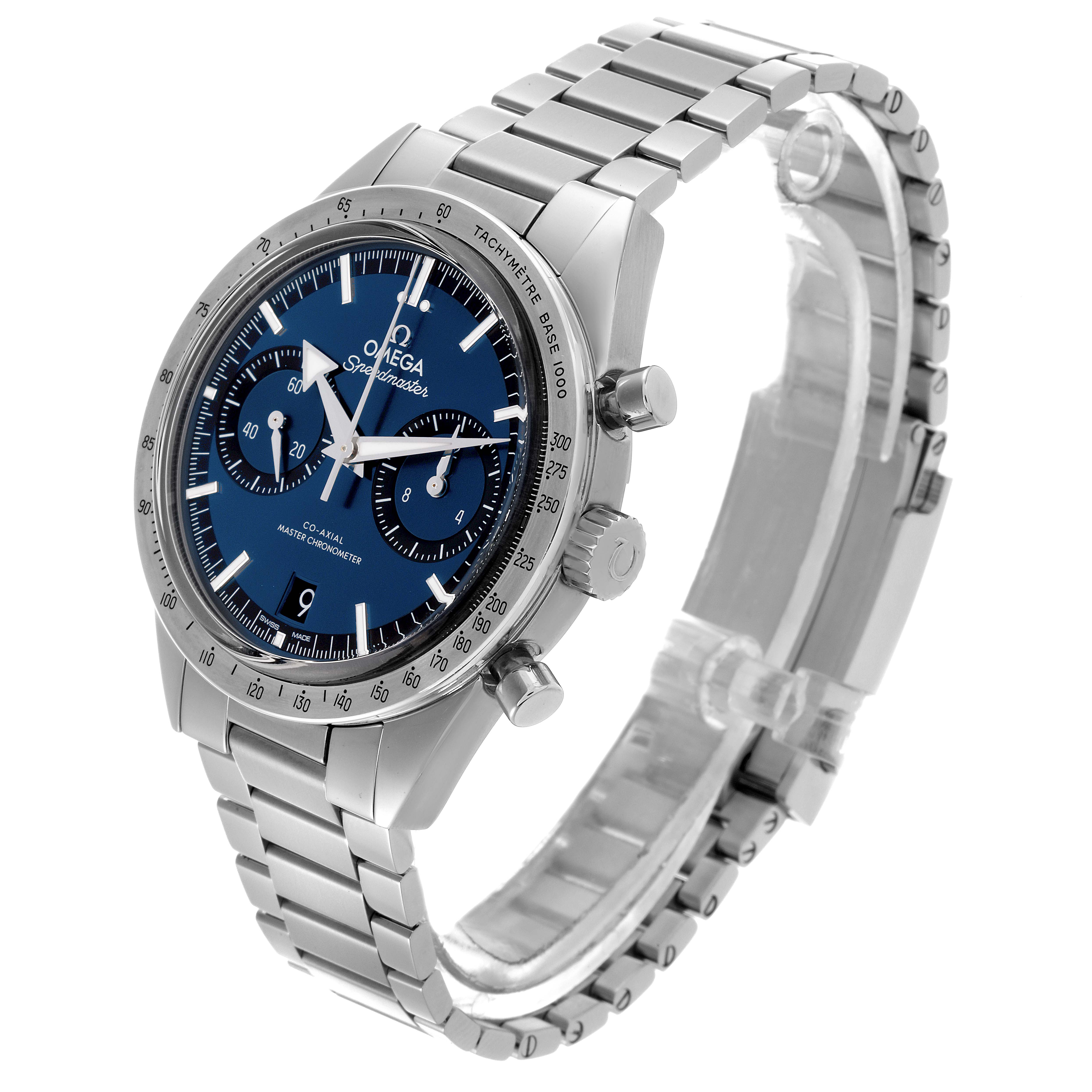 The Omega Speedmaster 332.10.41.51.03.001 Men's Stainless Steel Blue Dial 332.10.41.51.03.001 Men's Stainless Steel Blue Dial watch is shown at a three-quarter angle, displaying the face, bezel, crown, and bracelet.