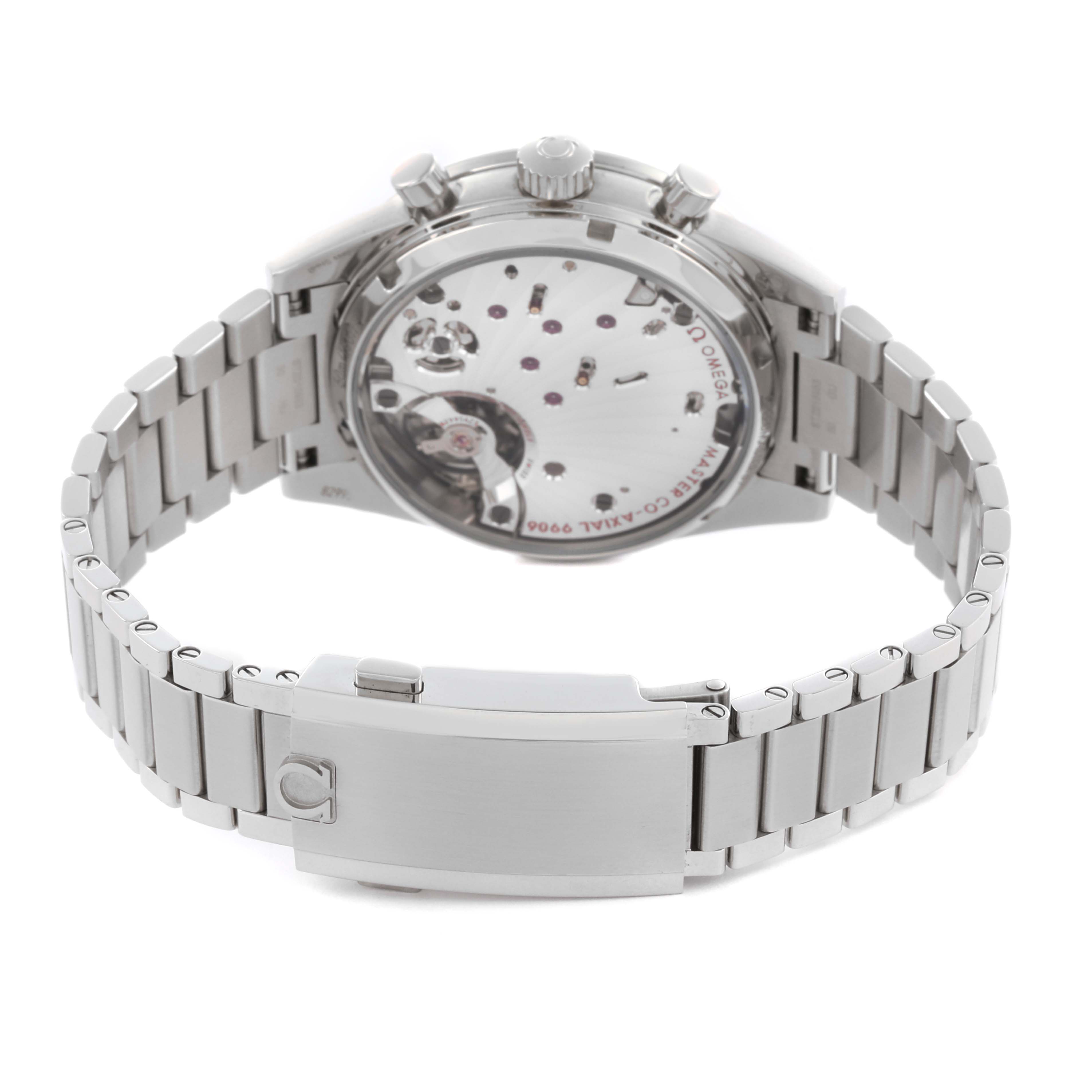 The Omega Speedmaster 332.10.41.51.03.001 Men's Stainless Steel Blue Dial 332.10.41.51.03.001 Men's Stainless Steel Blue Dial is shown from the back, highlighting its bracelet and exhibition case back revealing the movement.