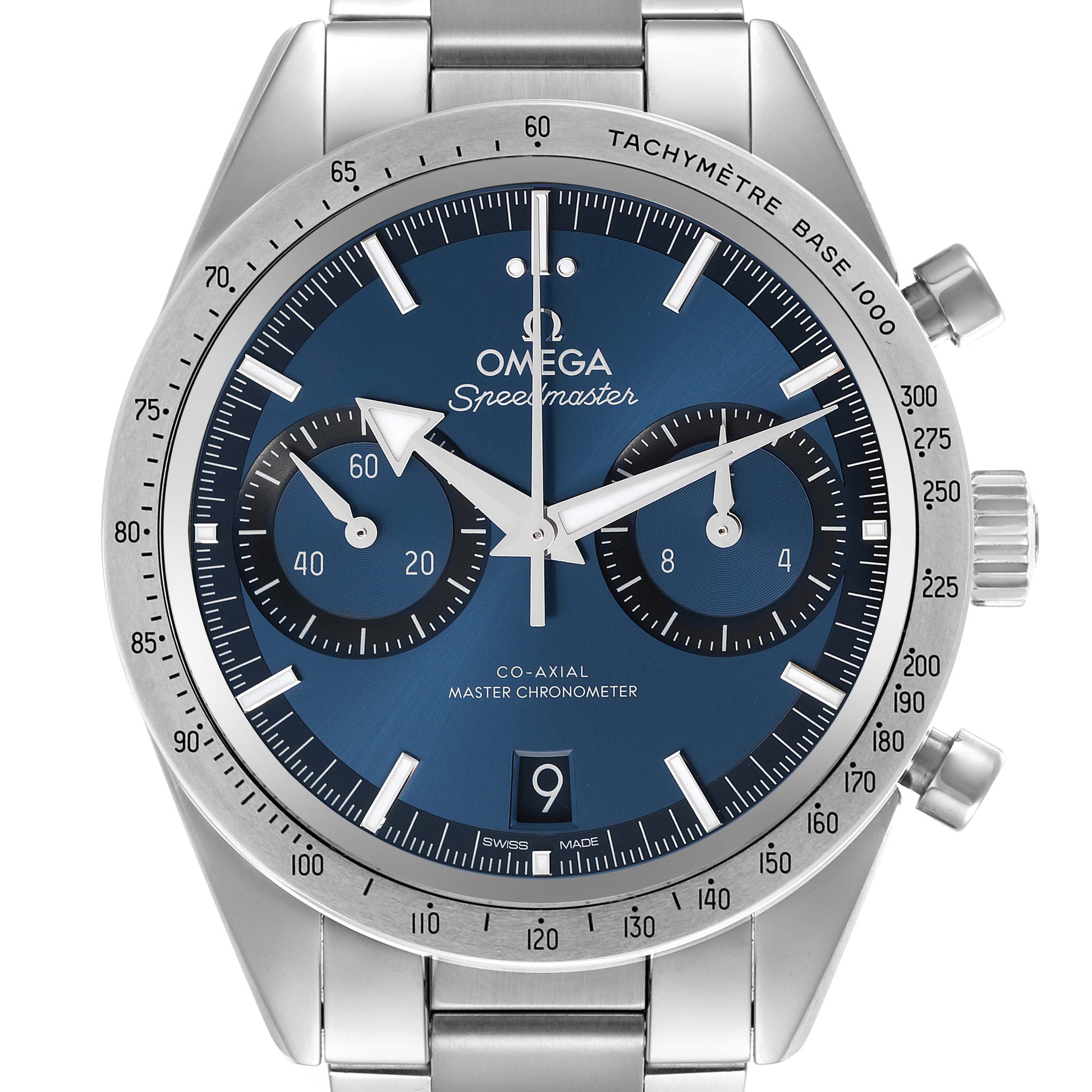 The Omega Speedmaster 332.10.41.51.03.001 Men's Stainless Steel Blue Dial 332.10.41.51.03.001 Men's Stainless Steel Blue Dial watch is shown from a front angle, highlighting its dial, bezel, sub-dials, and crown.