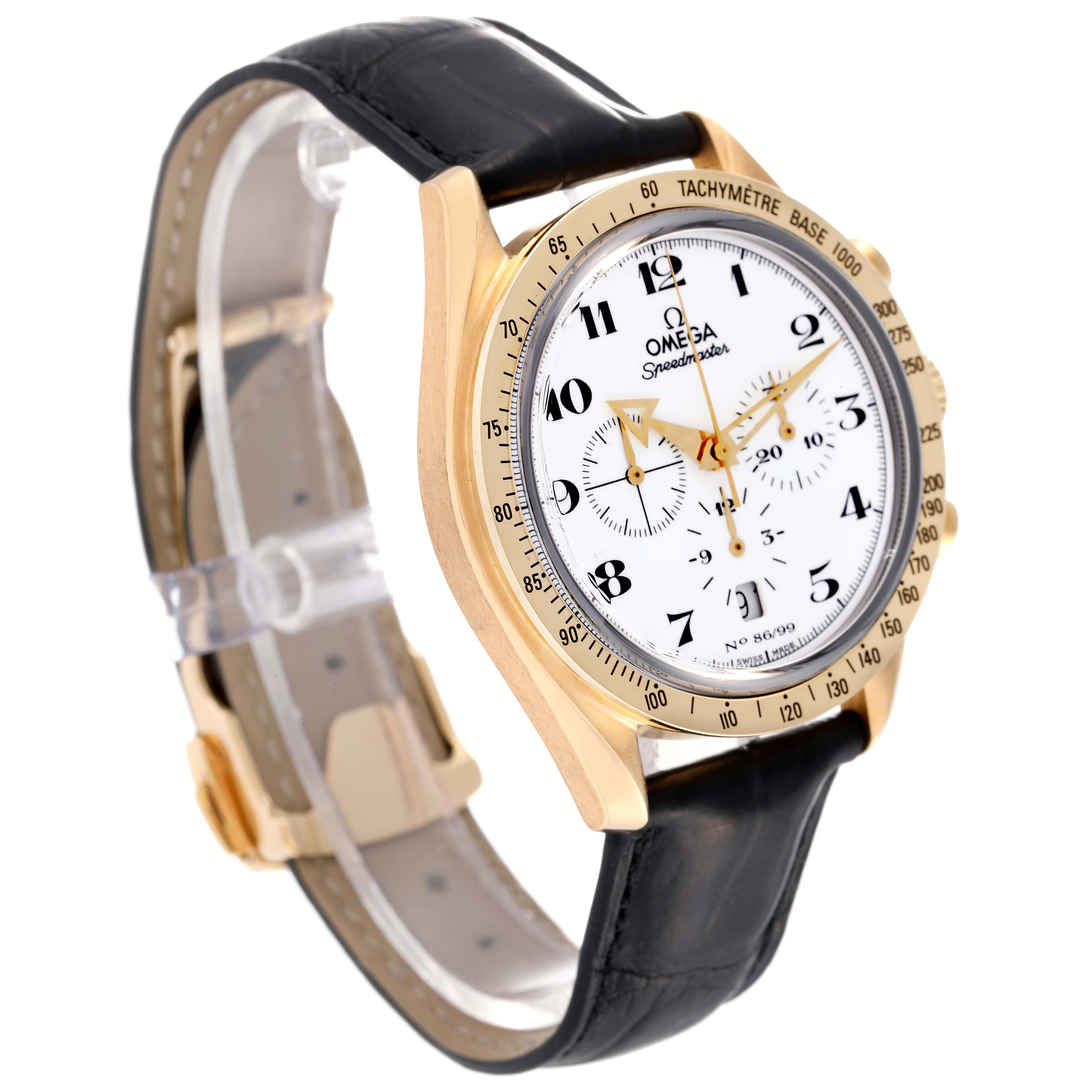 This image shows an Omega Speedmaster 3656.20.31 Men's Yellow Gold White Dial 3656.20.31 Men's Yellow Gold White Dial watch at a three-quarter angle, highlighting its gold case, black leather strap, and white dial with tachymeter scale.