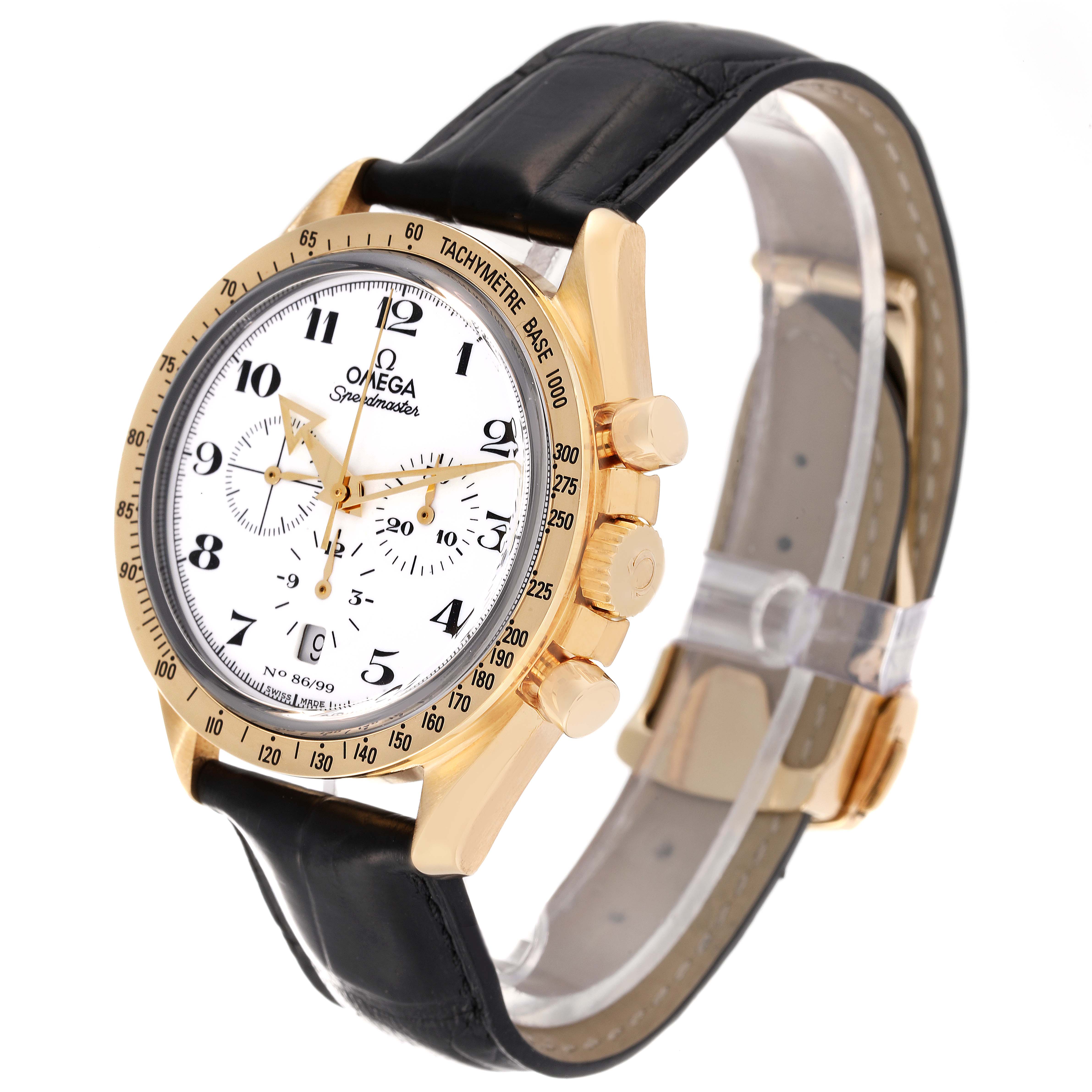 The Omega Speedmaster 3656.20.31 Men's Yellow Gold White Dial 3656.20.31 Men's Yellow Gold White Dial watch is shown at a slight angle, displaying the face, tachymeter bezel, pushers, crown, and black leather strap.