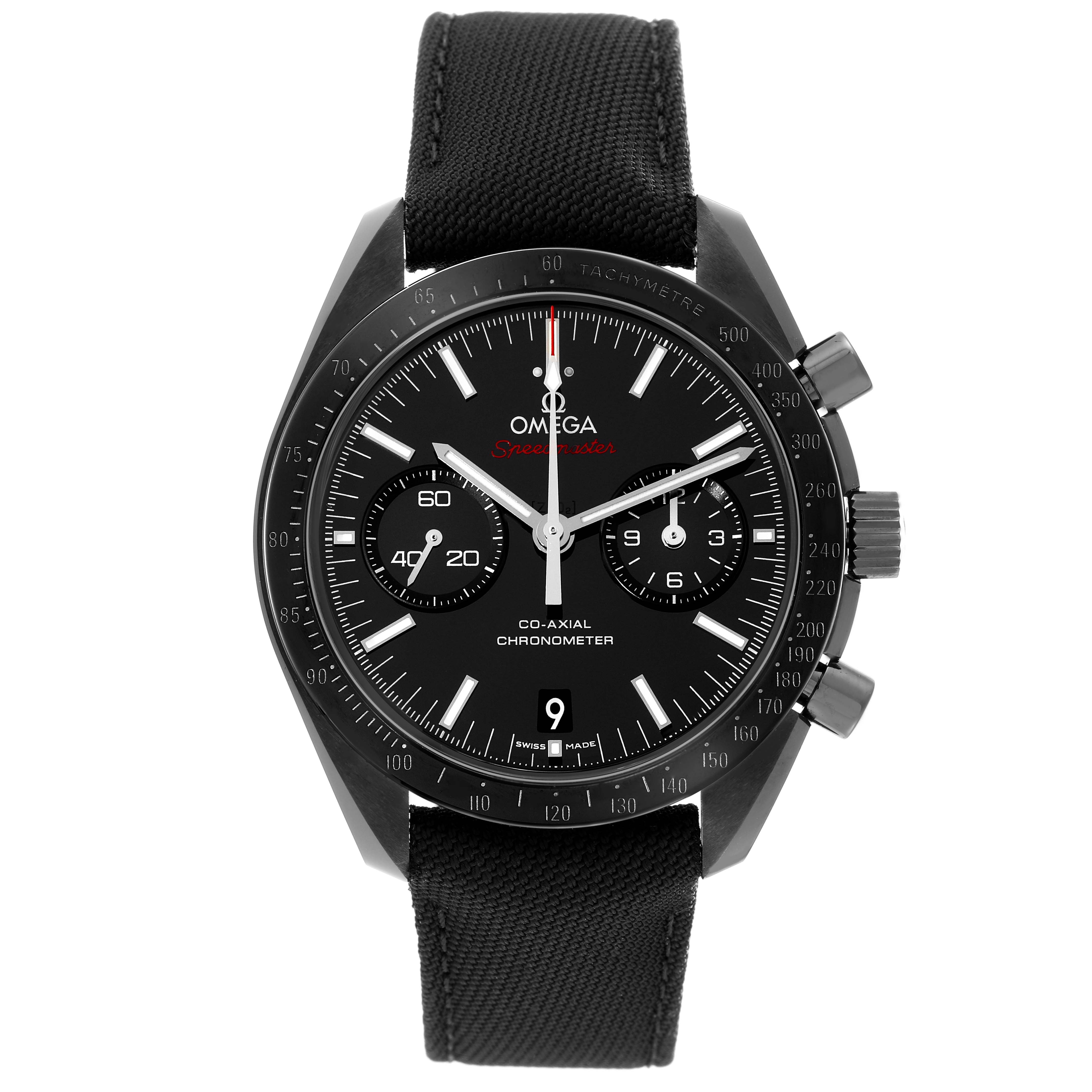 The image shows a front view of an Omega Speedmaster 311.92.44.51.01.007 Men's Ceramic Black Dial 311.92.44.51.01.007 Men's Ceramic Black Dial watch, displaying its dial, chronograph subdials, bezel, and strap.
