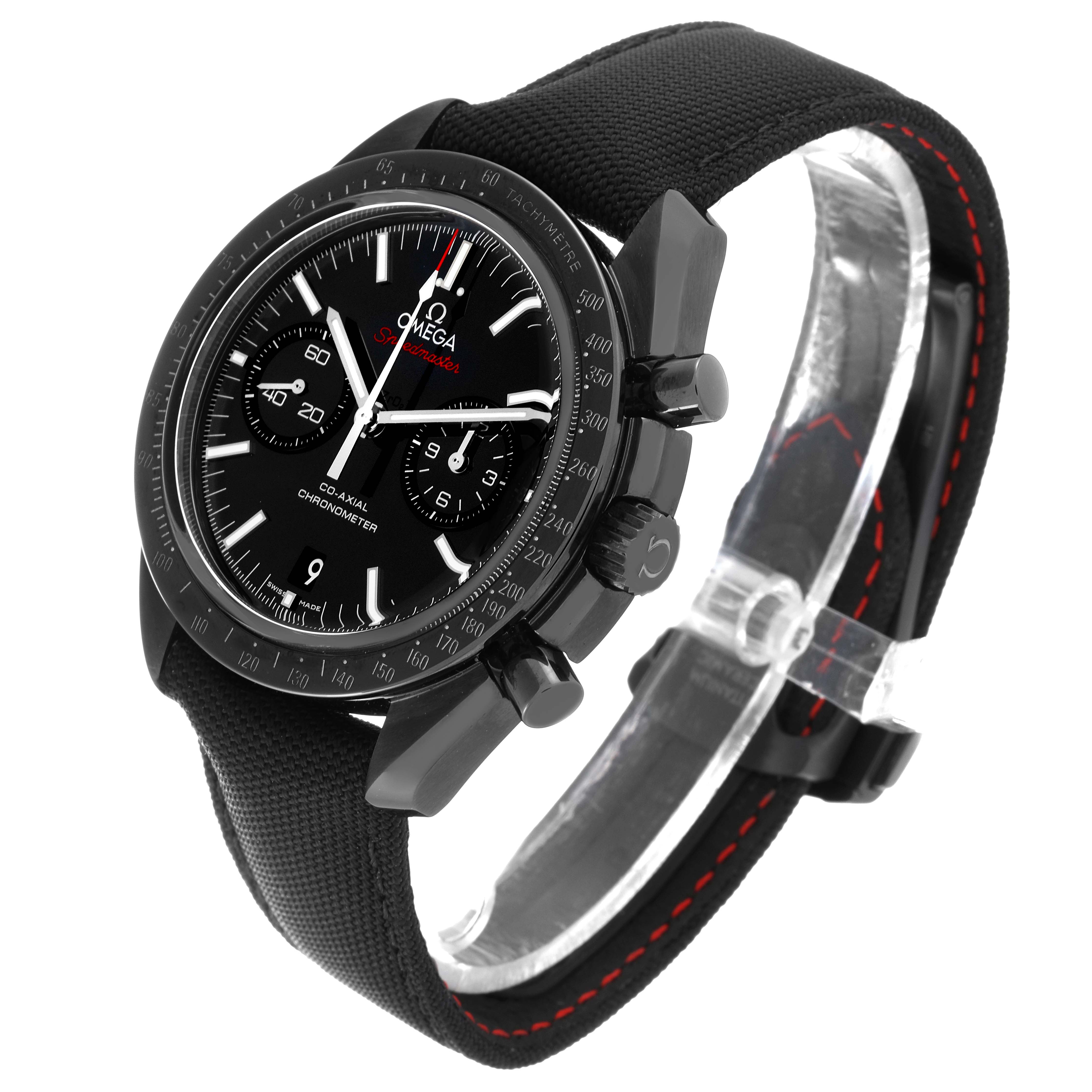 The Omega Speedmaster 311.92.44.51.01.007 Men's Ceramic Black Dial 311.92.44.51.01.007 Men's Ceramic Black Dial watch is shown at a tilted side angle, displaying its face, bezel, strap, pushers, and crown.