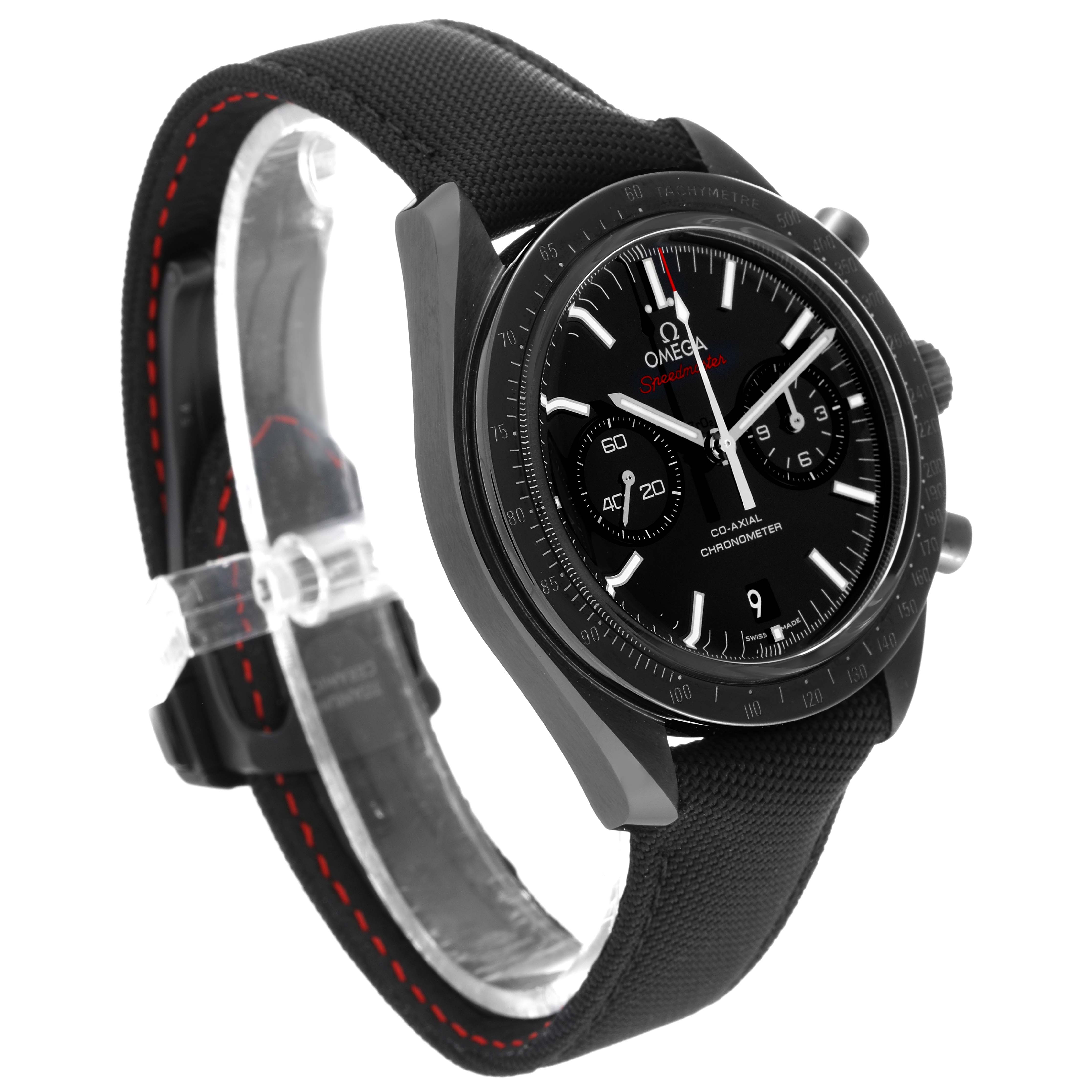 The Omega Speedmaster 311.92.44.51.01.007 Men's Ceramic Black Dial 311.92.44.51.01.007 Men's Ceramic Black Dial watch is photographed at a 3/4 angle showing the face, bezel, pushers, and strap.