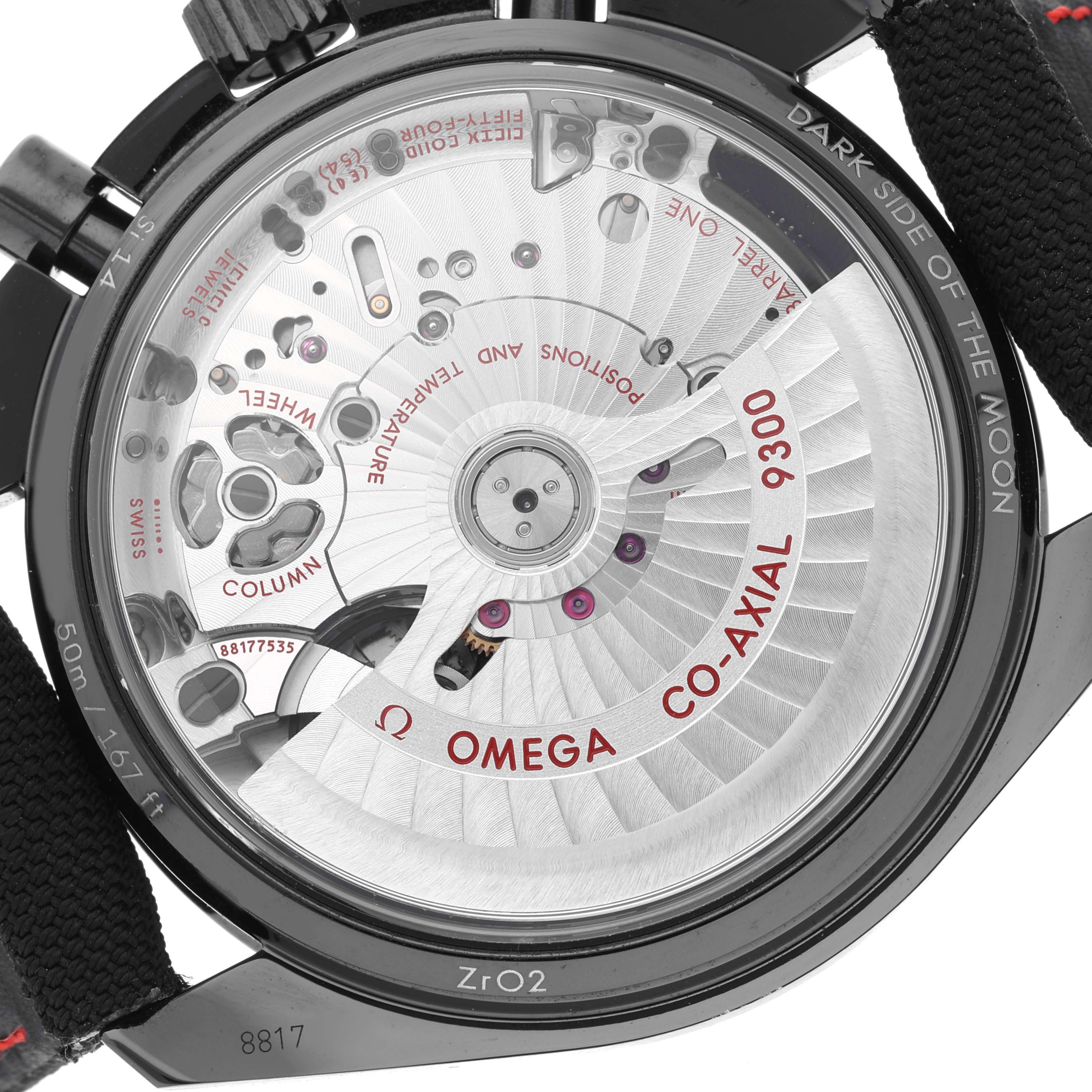 The image shows the back view of the Omega Speedmaster 311.92.44.51.01.007 Men's Ceramic Black Dial 311.92.44.51.01.007 Men's Ceramic Black Dial watch, revealing its Co-Axial 9300 movement.