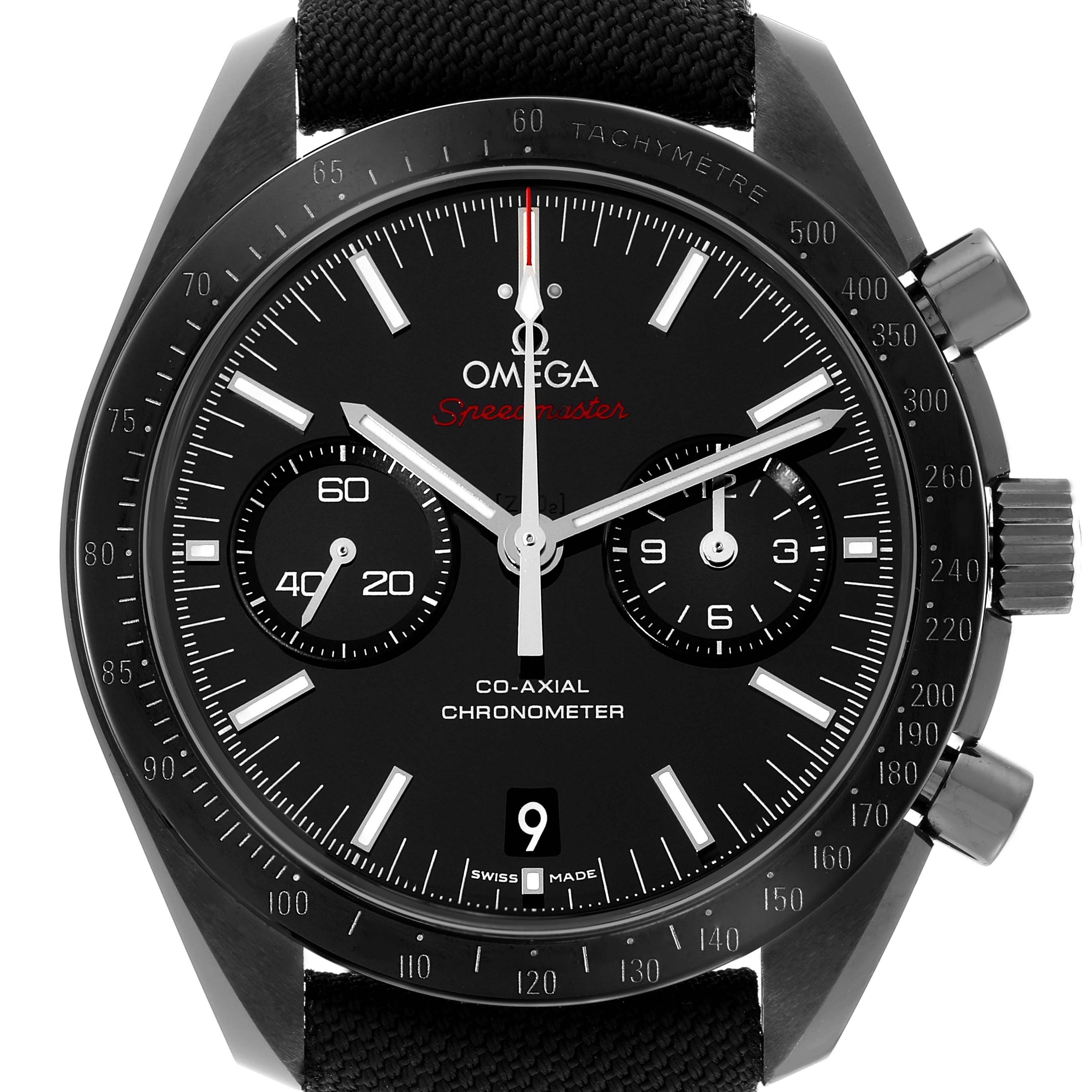 The image shows a front view of the Omega Speedmaster 311.92.44.51.01.007 Men's Ceramic Black Dial 311.92.44.51.01.007 Men's Ceramic Black Dial watch, highlighting its dial, hands, sub-dials, and crown.