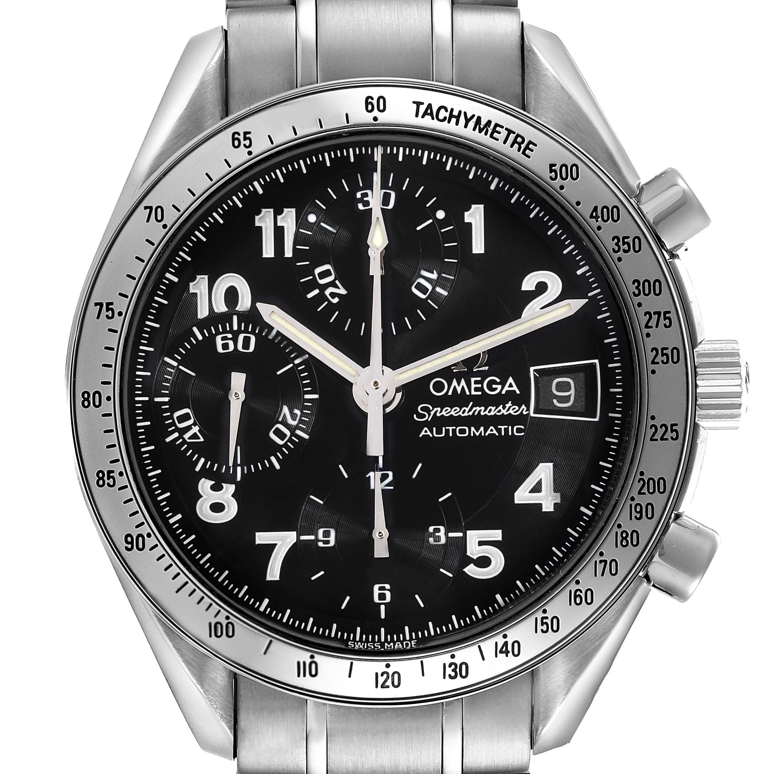 The image shows a front view of the Omega Speedmaster 3513.52.00 Men
s Stainless Steel Black Dial 3513.52.00 Men
s Stainless Steel Black Dial watch, highlighting the dial, subdials, tachymeter, and crown.