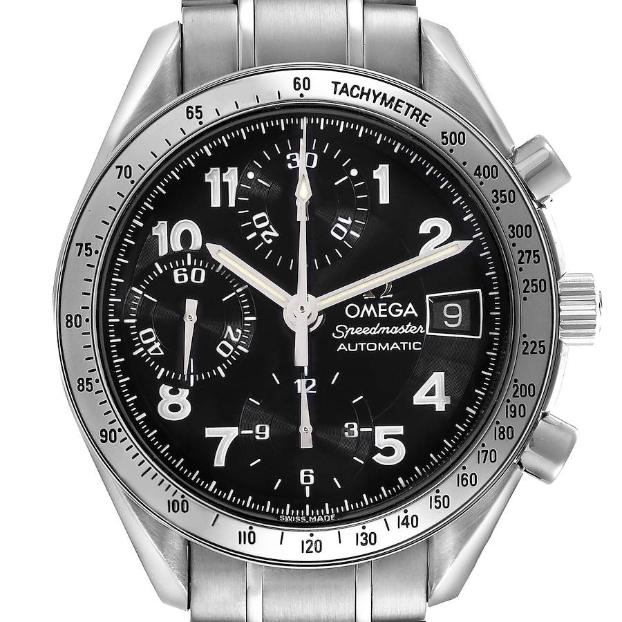 The image shows a front view of the Omega Speedmaster watch, highlighting the dial, subdials, tachymeter, and crown.