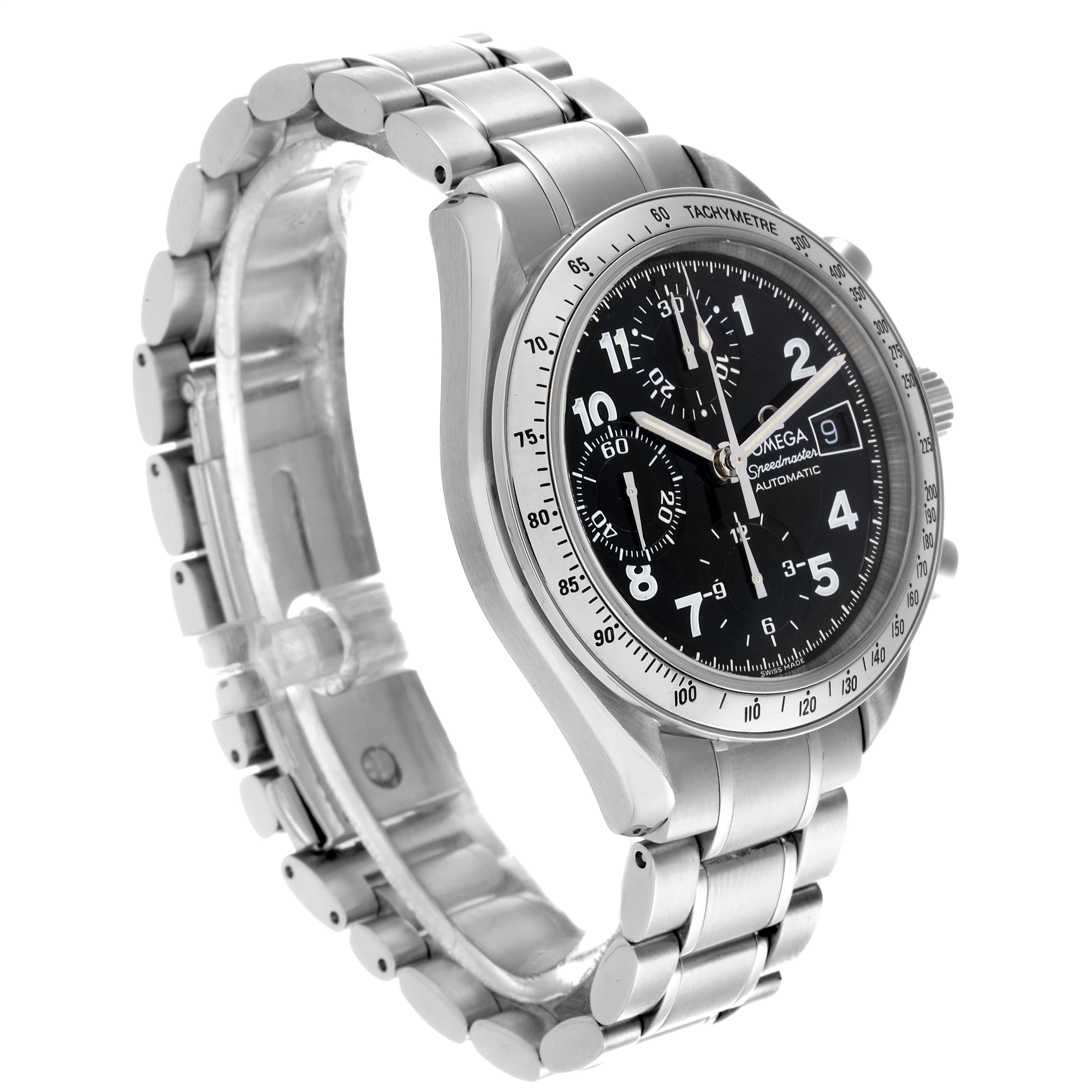 The Omega Speedmaster 3513.52.00 Men
s Stainless Steel Black Dial 3513.52.00 Men
s Stainless Steel Black Dial is shown at an angle highlighting its bracelet, case, tachymeter bezel, and chronograph dial.