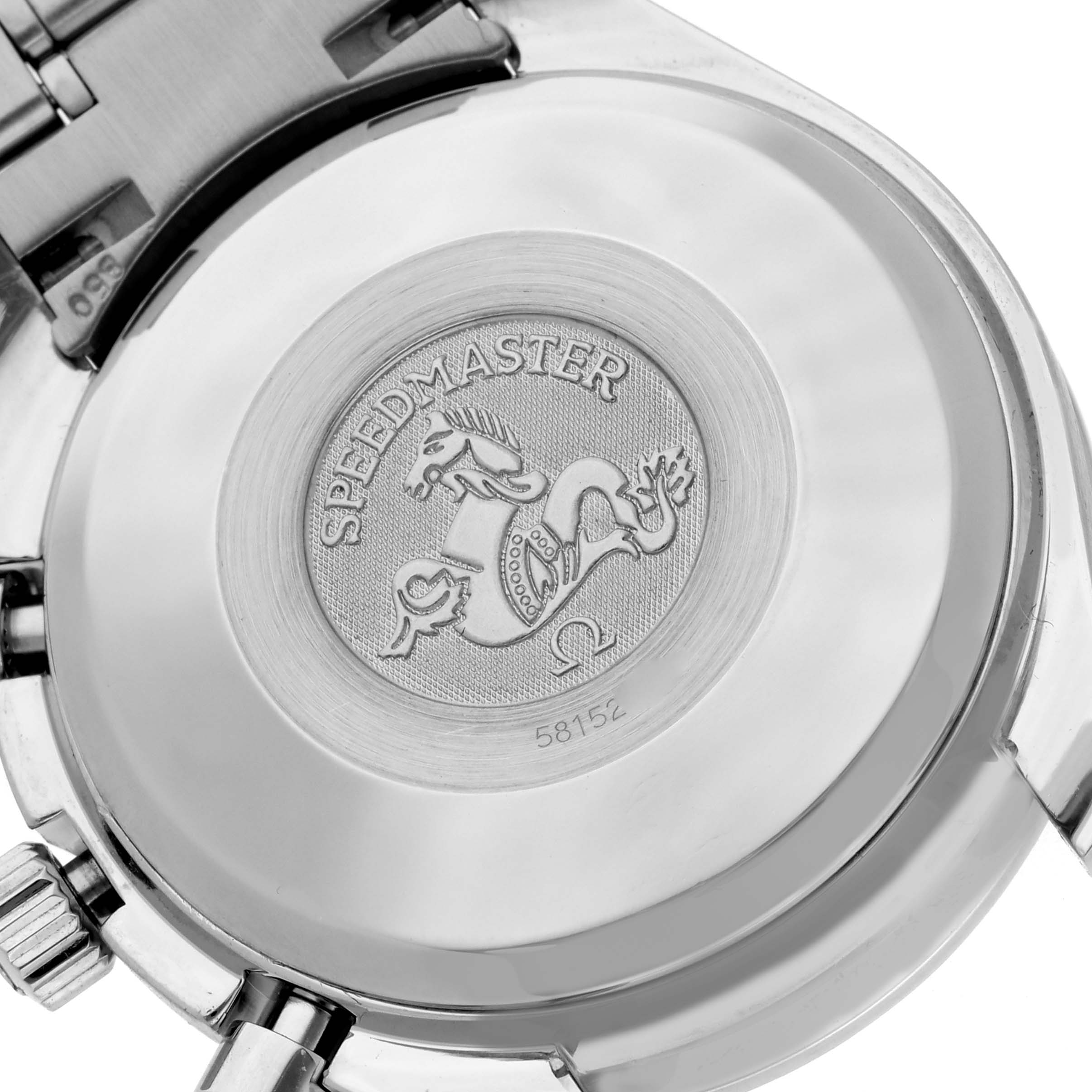 The image shows the back of the Omega Speedmaster 3513.52.00 Men
s Stainless Steel Black Dial 3513.52.00 Men
s Stainless Steel Black Dial watch, displaying its emblem and branding details.