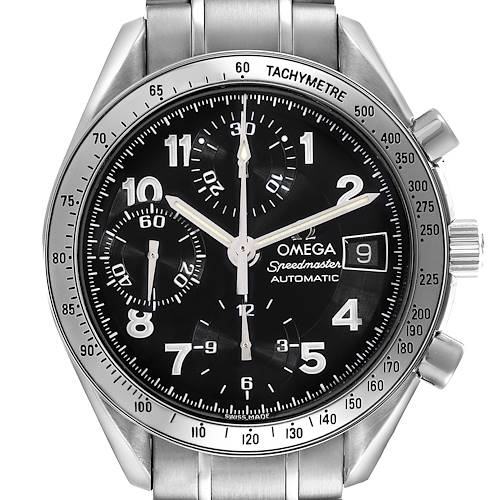 The Omega Speedmaster watch is shown from the front, displaying the dial, subdials, tachymeter bezel, and bracelet.