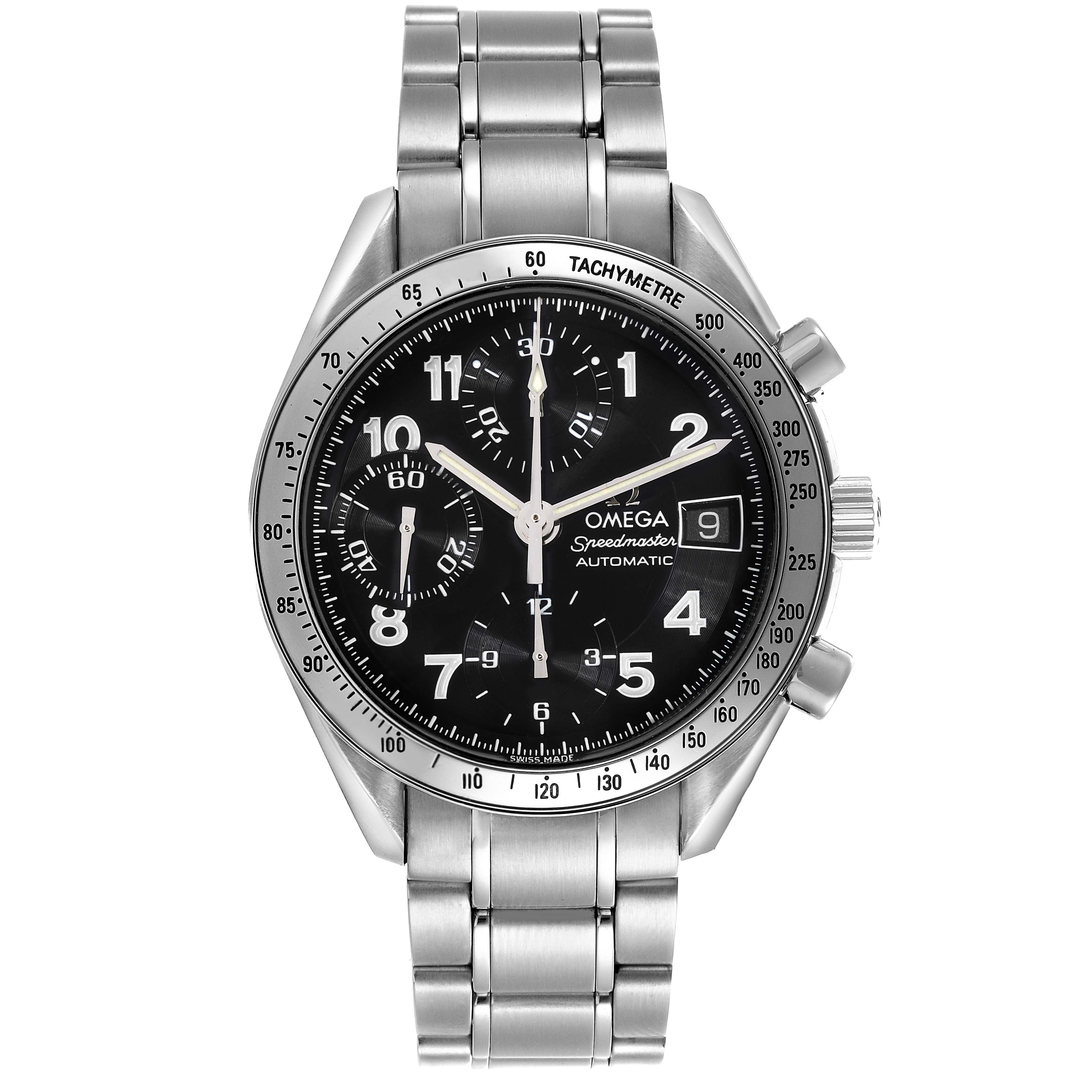 The Omega Speedmaster 3513.52.00 Men
s Stainless Steel Black Dial 3513.52.00 Men
s Stainless Steel Black Dial watch is shown from the front, displaying the dial, tachymeter bezel, pushers, crown, and metal bracelet.