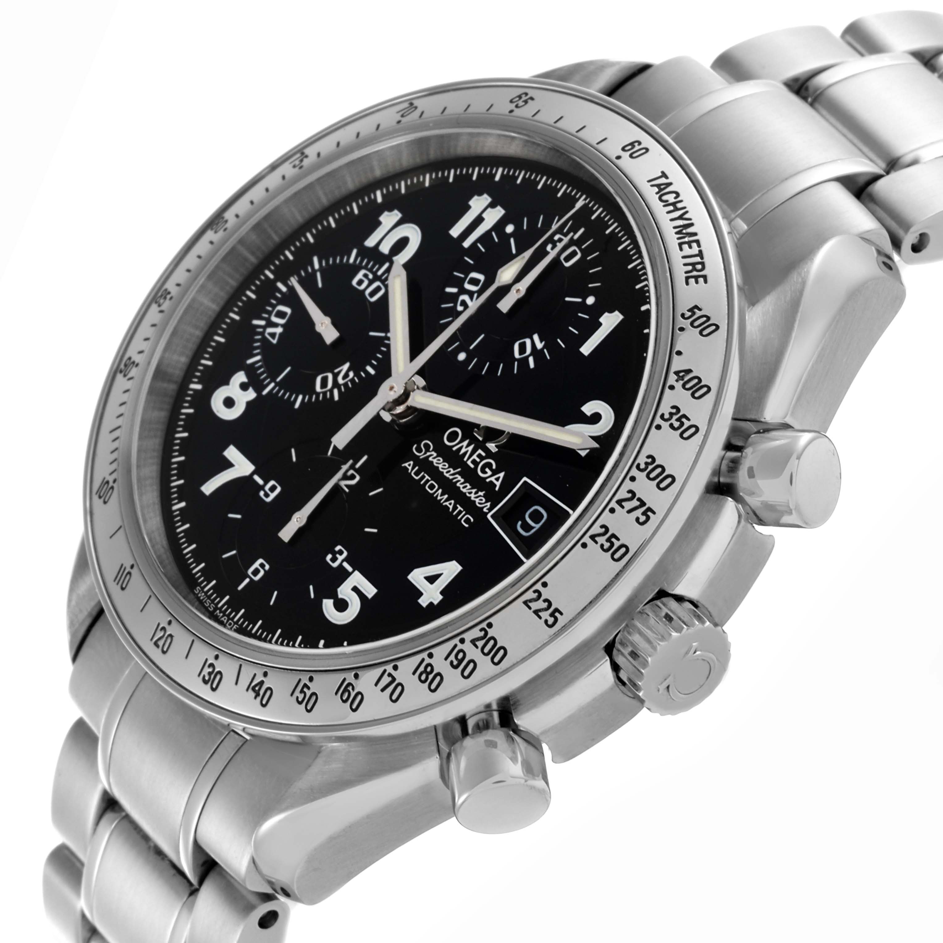 The Omega Speedmaster 3513.52.00 Men
s Stainless Steel Black Dial 3513.52.00 Men
s Stainless Steel Black Dial watch is shown from a side angle revealing its dial, bezel, crown, and stainless steel bracelet.