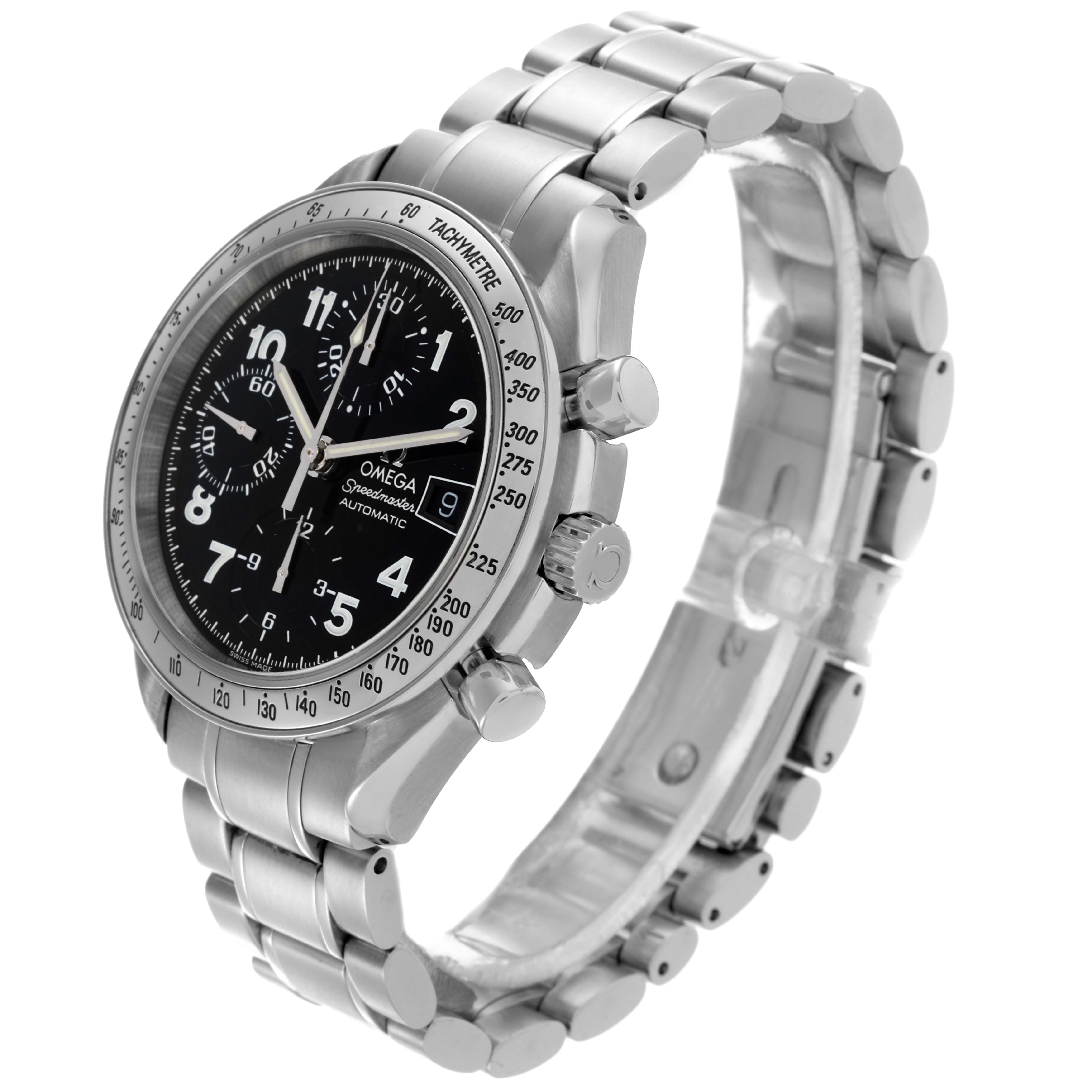 The Omega Speedmaster 3513.52.00 Men
s Stainless Steel Black Dial 3513.52.00 Men
s Stainless Steel Black Dial watch is shown at a side angle, highlighting its black dial, tachymeter bezel, and stainless steel bracelet.