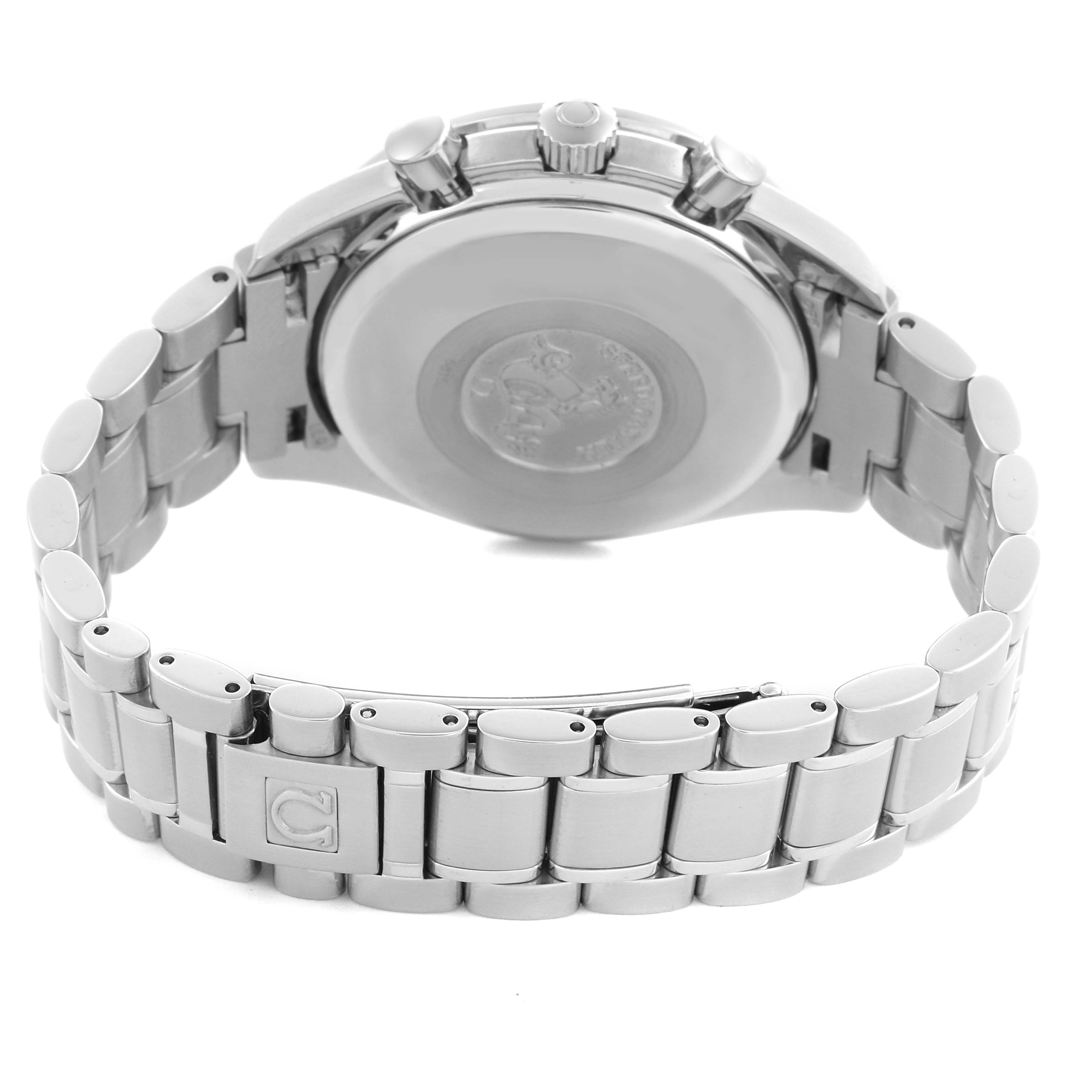 The image shows the back and clasp of the Omega Speedmaster 3513.52.00 Men
s Stainless Steel Black Dial 3513.52.00 Men
s Stainless Steel Black Dial, highlighting the bracelet and case back.