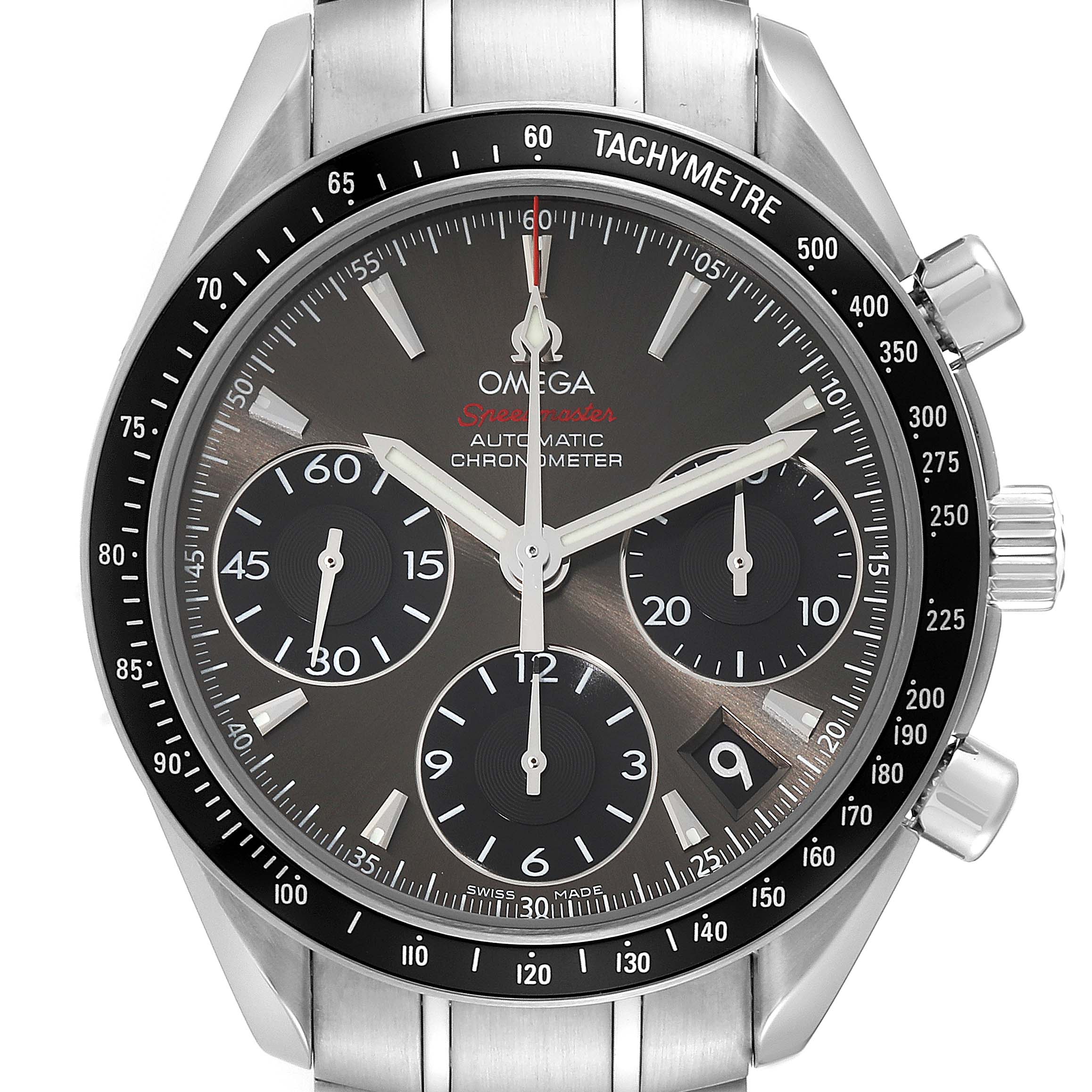 The image shows a frontal view of an Omega Speedmaster 323.30.40.40.06.001 Men
s Stainless Steel Grey Dial 323.30.40.40.06.001 Men
s Stainless Steel Grey Dial watch, highlighting the dial, sub-dials, bezel, and crown.
