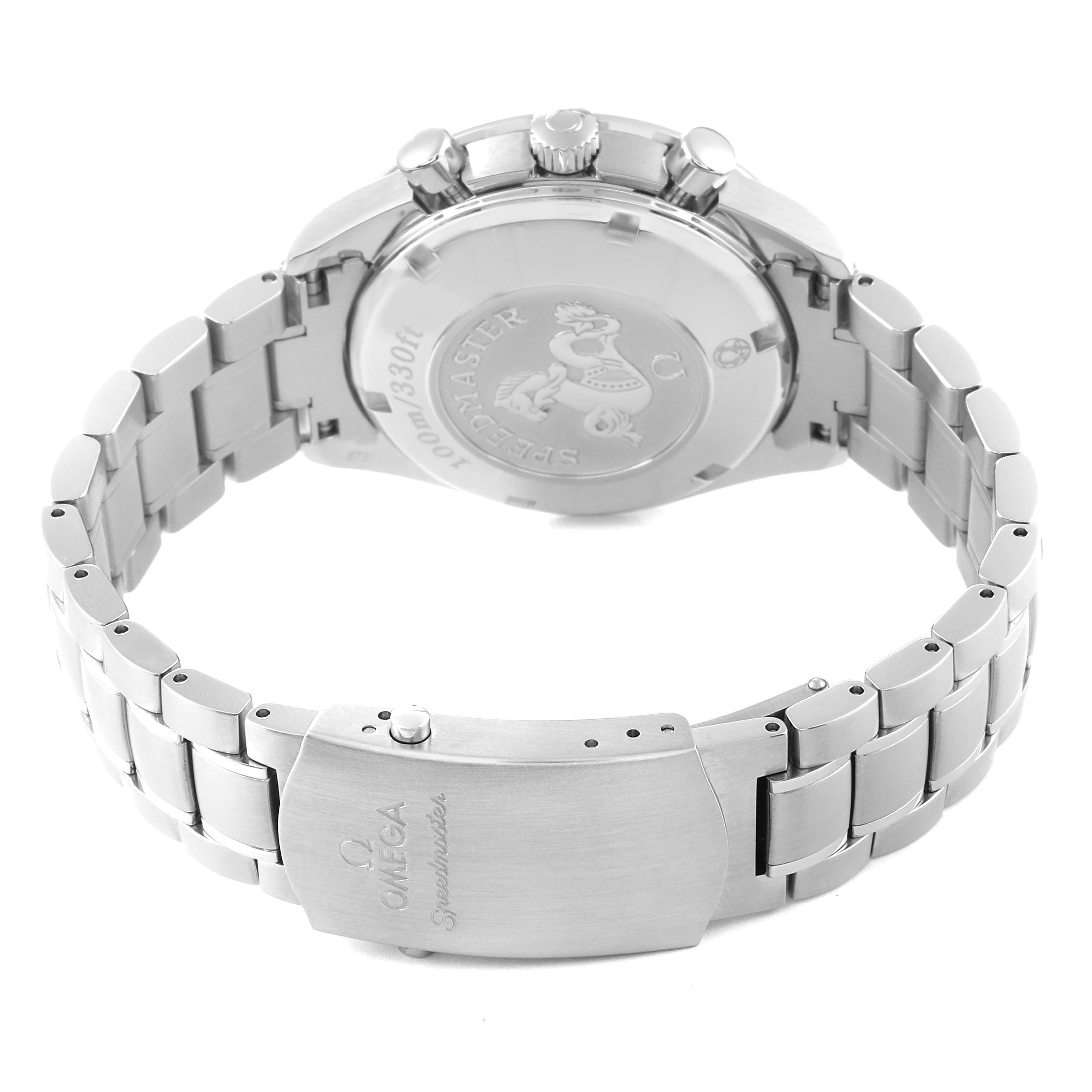 The image shows the backside and bracelet of an Omega Speedmaster 323.30.40.40.06.001 Men
s Stainless Steel Grey Dial 323.30.40.40.06.001 Men
s Stainless Steel Grey Dial watch, highlighting the clasp, case back, and pushers.