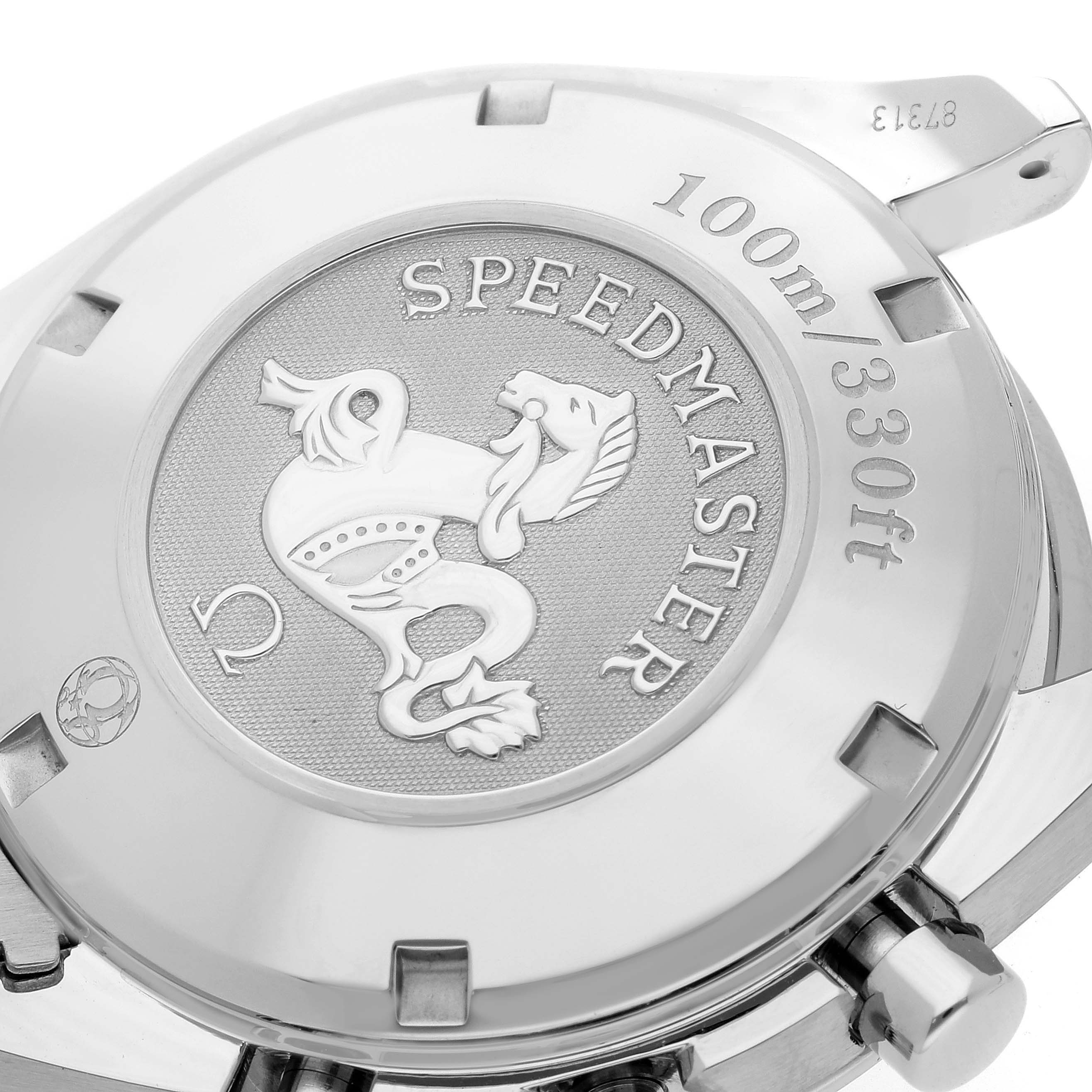 This image shows the back case of an Omega Speedmaster 323.30.40.40.06.001 Men
s Stainless Steel Grey Dial 323.30.40.40.06.001 Men
s Stainless Steel Grey Dial watch featuring an engraved logo and depth rating.