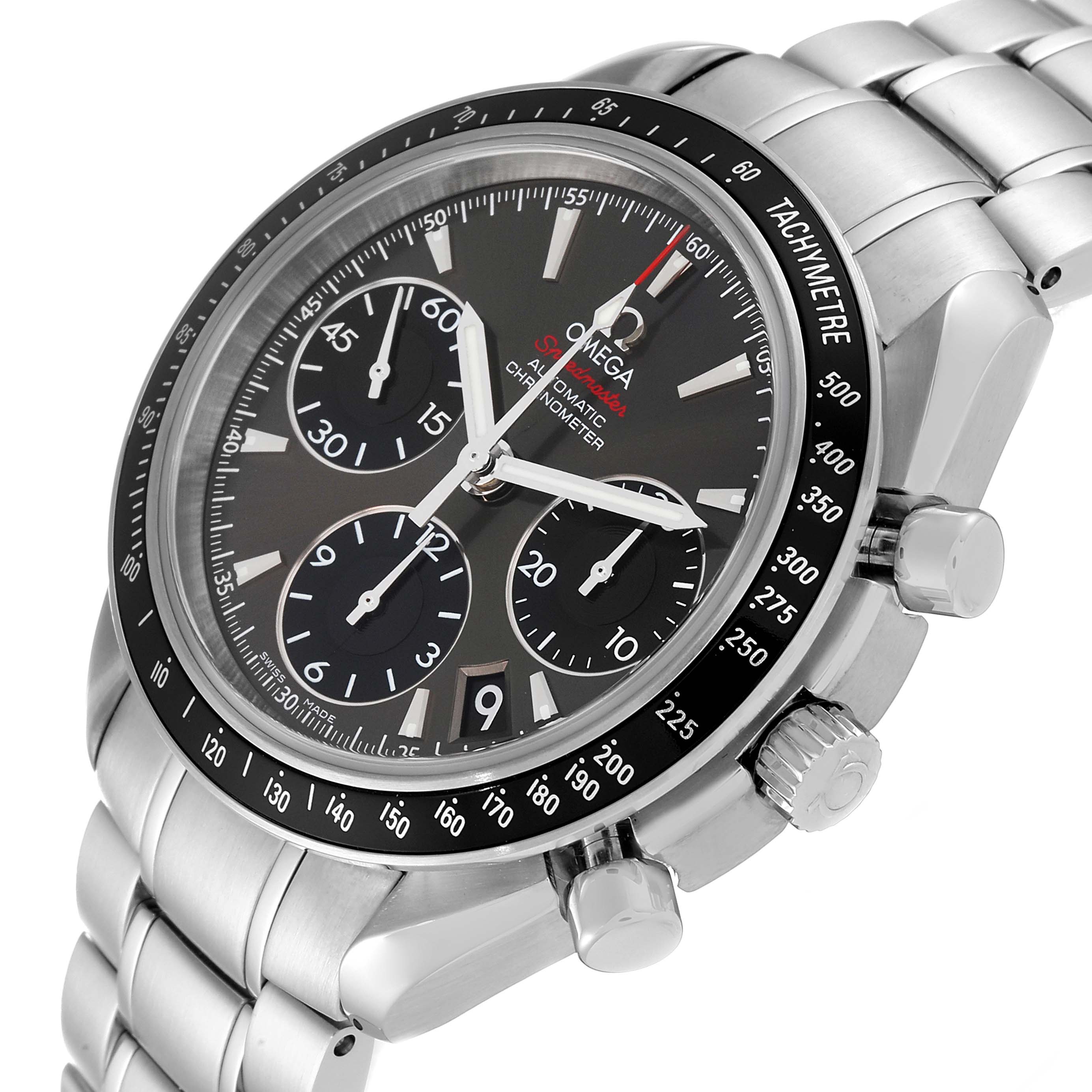 The Omega Speedmaster 323.30.40.40.06.001 Men
s Stainless Steel Grey Dial 323.30.40.40.06.001 Men
s Stainless Steel Grey Dial watch is shown at an angled view highlighting the dial, bezel, pushers, and part of the bracelet.