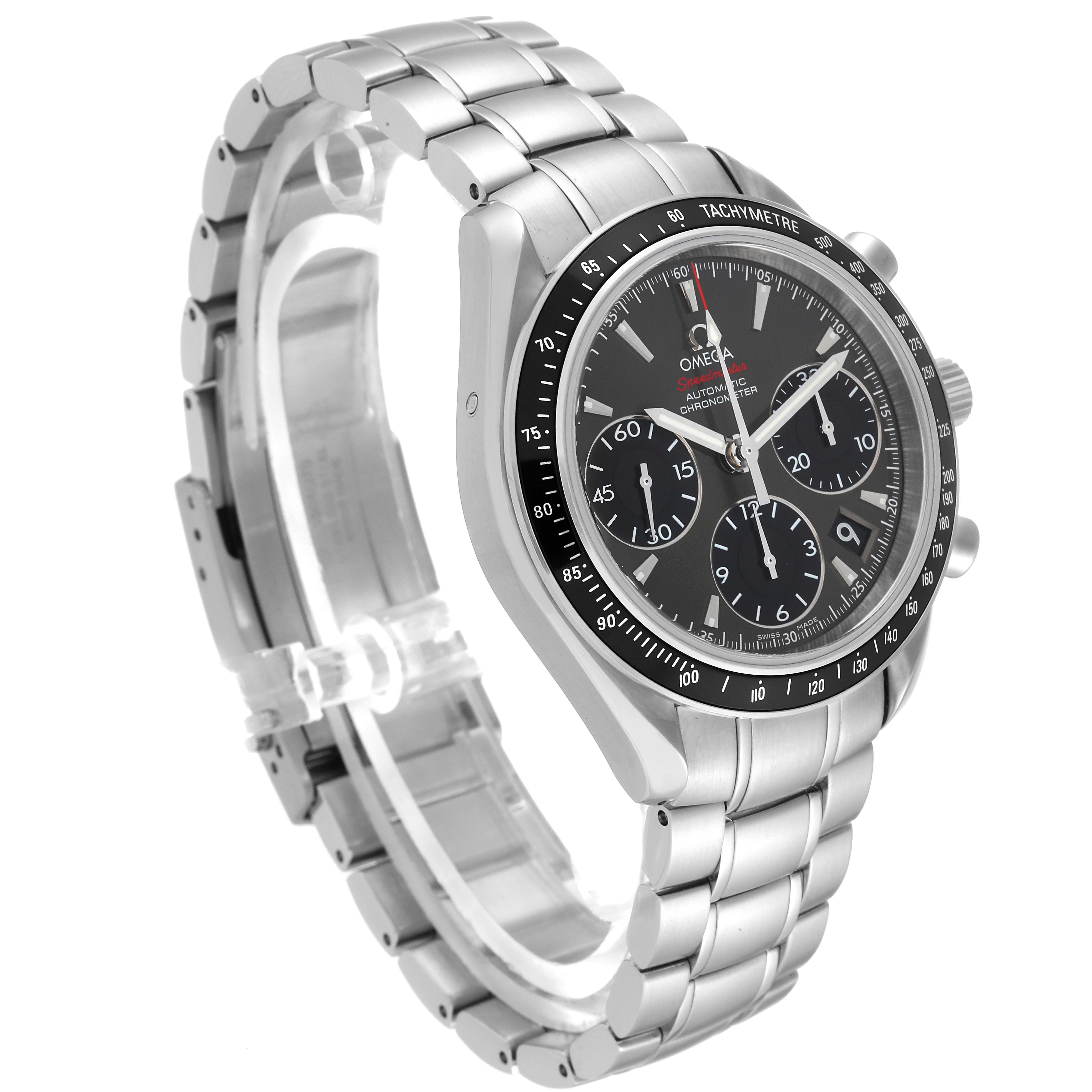 The image shows a side-angle view of an Omega Speedmaster 323.30.40.40.06.001 Men
s Stainless Steel Grey Dial 323.30.40.40.06.001 Men
s Stainless Steel Grey Dial watch with a metal bracelet and a tachymeter bezel.