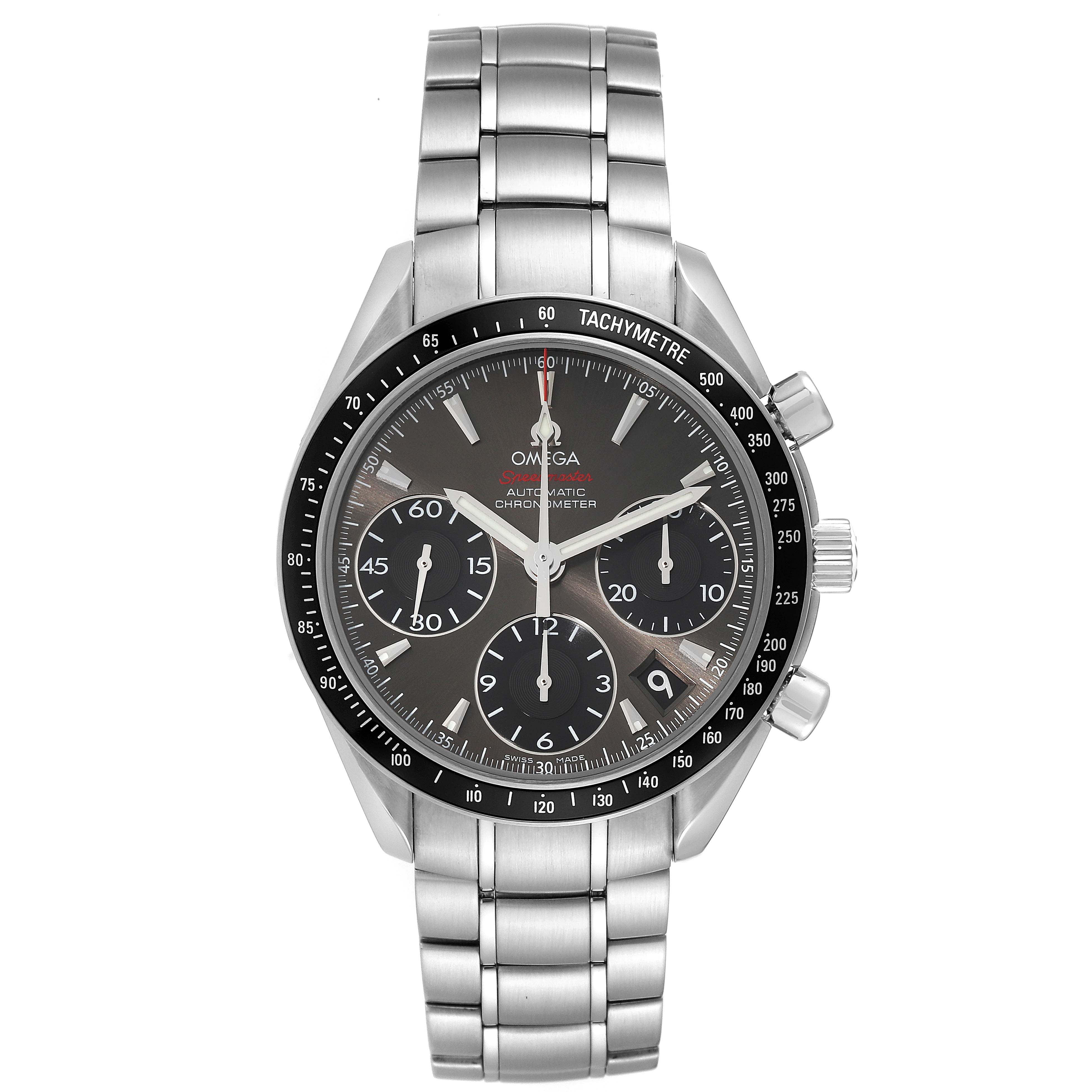 The Omega Speedmaster 323.30.40.40.06.001 Men
s Stainless Steel Grey Dial 323.30.40.40.06.001 Men
s Stainless Steel Grey Dial watch is shown from the front, highlighting its dial, tachymeter, sub-dials, and stainless steel bracelet.