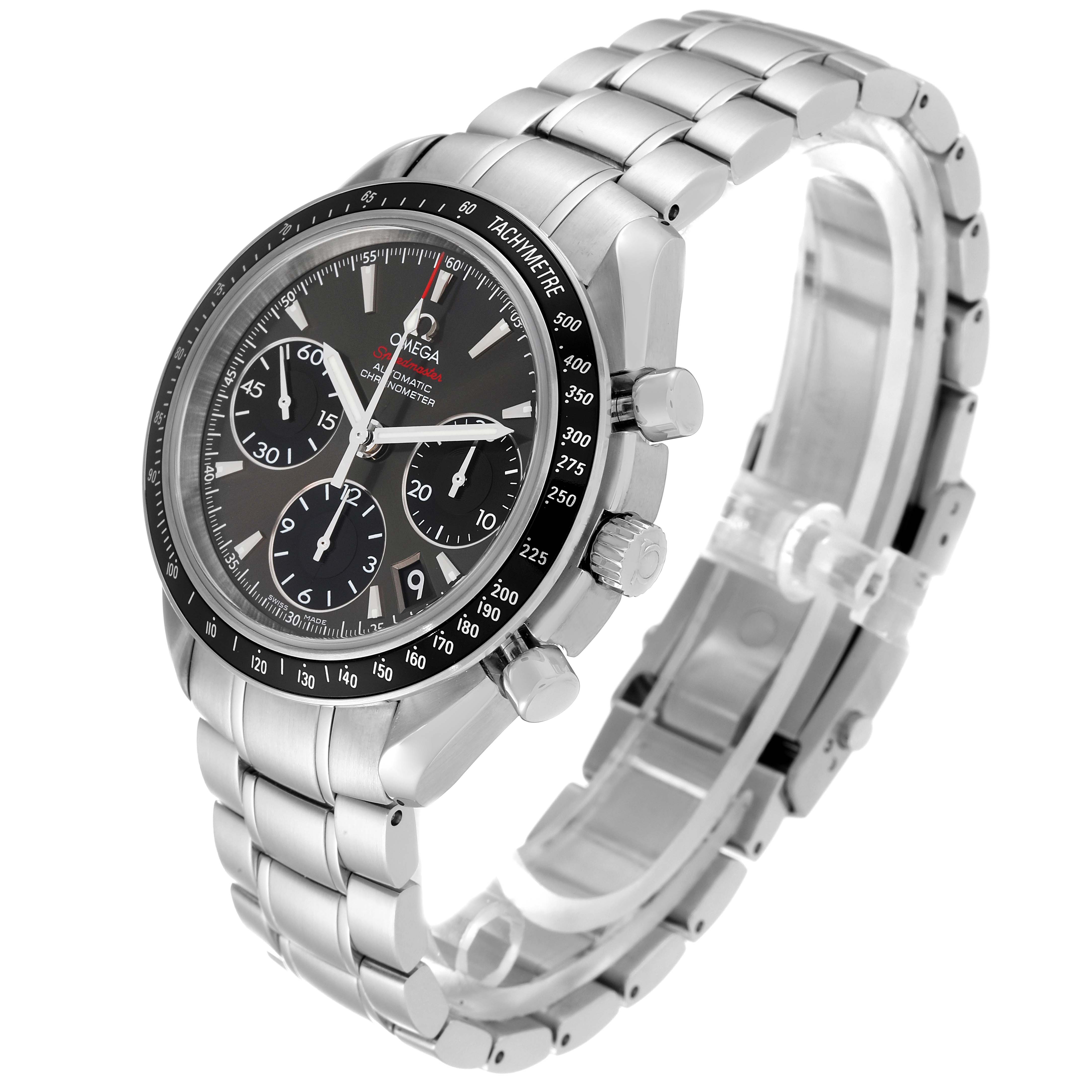 The image shows an Omega Speedmaster 323.30.40.40.06.001 Men
s Stainless Steel Grey Dial 323.30.40.40.06.001 Men
s Stainless Steel Grey Dial watch from a 3/4 angle, highlighting its bracelet, tachymeter bezel, and chronograph dials.