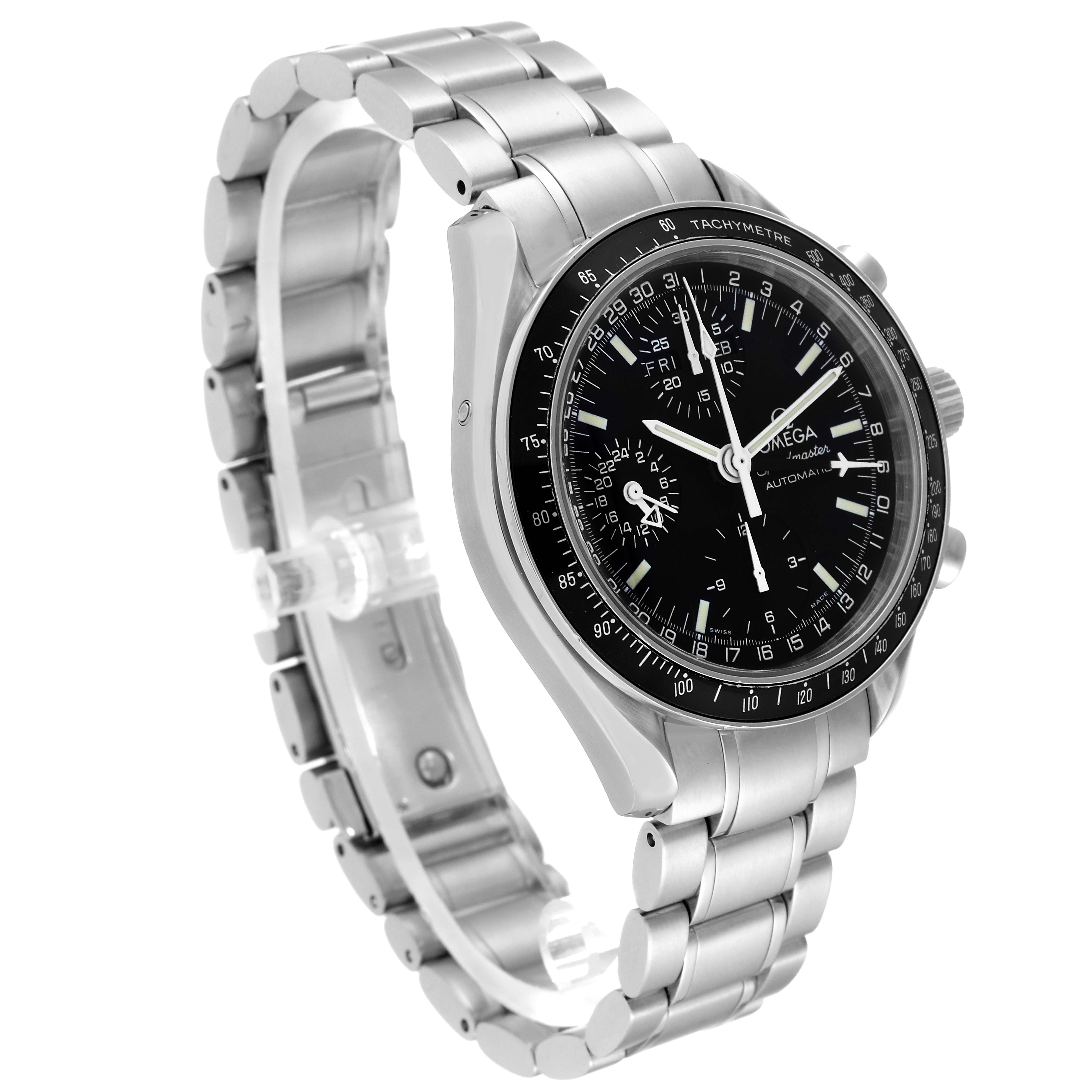 The Omega Speedmaster 3520.50.00 Men's Stainless Steel Black Dial 3520.50.00 Men's Stainless Steel Black Dial watch is shown at an oblique angle, highlighting its face, bezel, and metal bracelet.