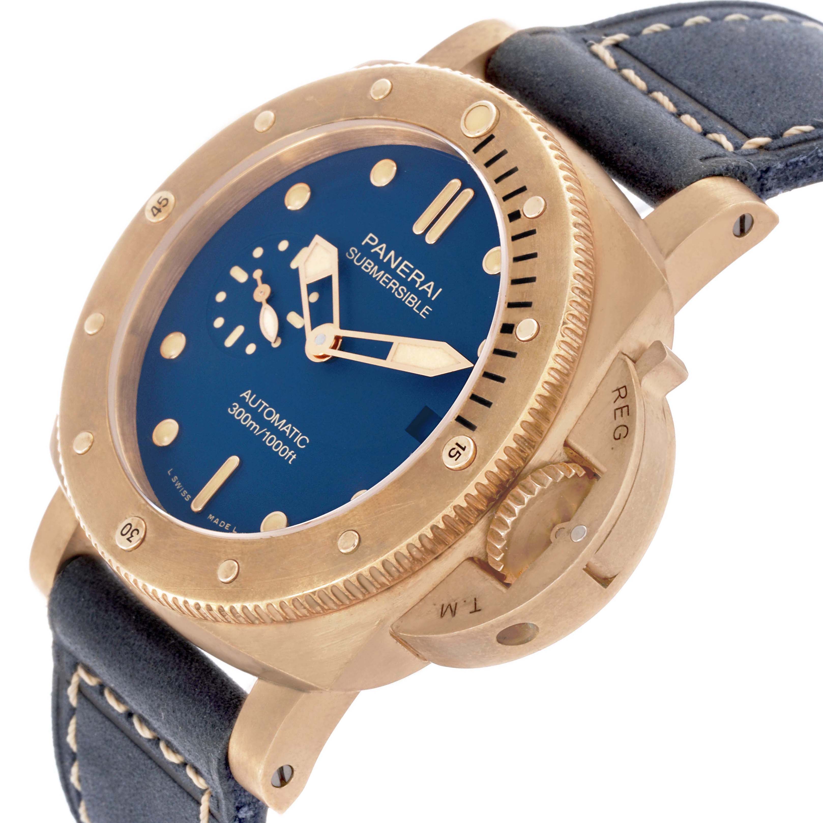 The Panerai Submersible PAM01074 Men's Bronze Blue Dial PAM01074 Men's Bronze Blue Dial watch is shown from a three-quarter angle, highlighting the case, bezel, dial, and crown guard.