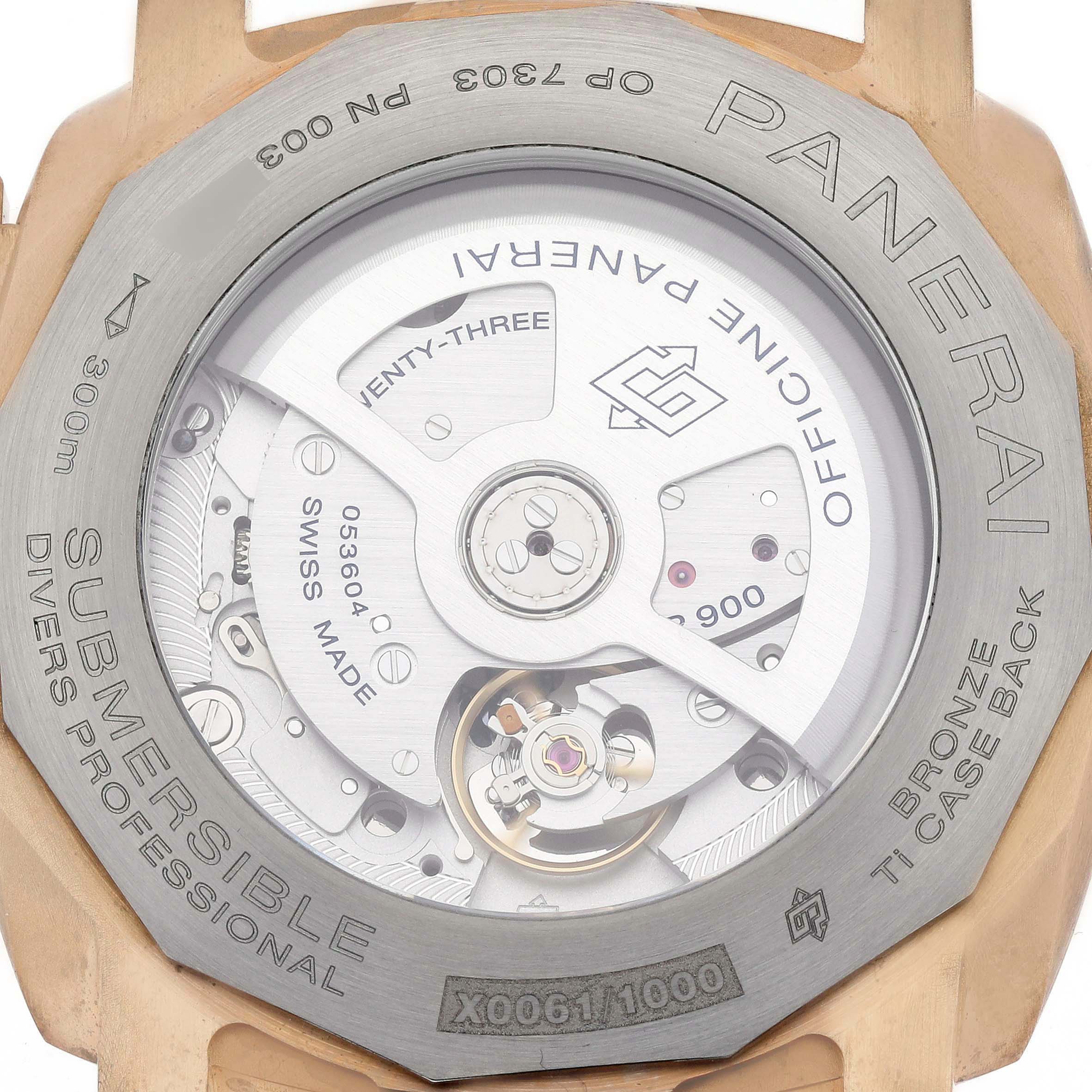 The image shows the back view of the Panerai Submersible PAM01074 Men's Bronze Blue Dial PAM01074 Men's Bronze Blue Dial watch, highlighting the movement inside the case.