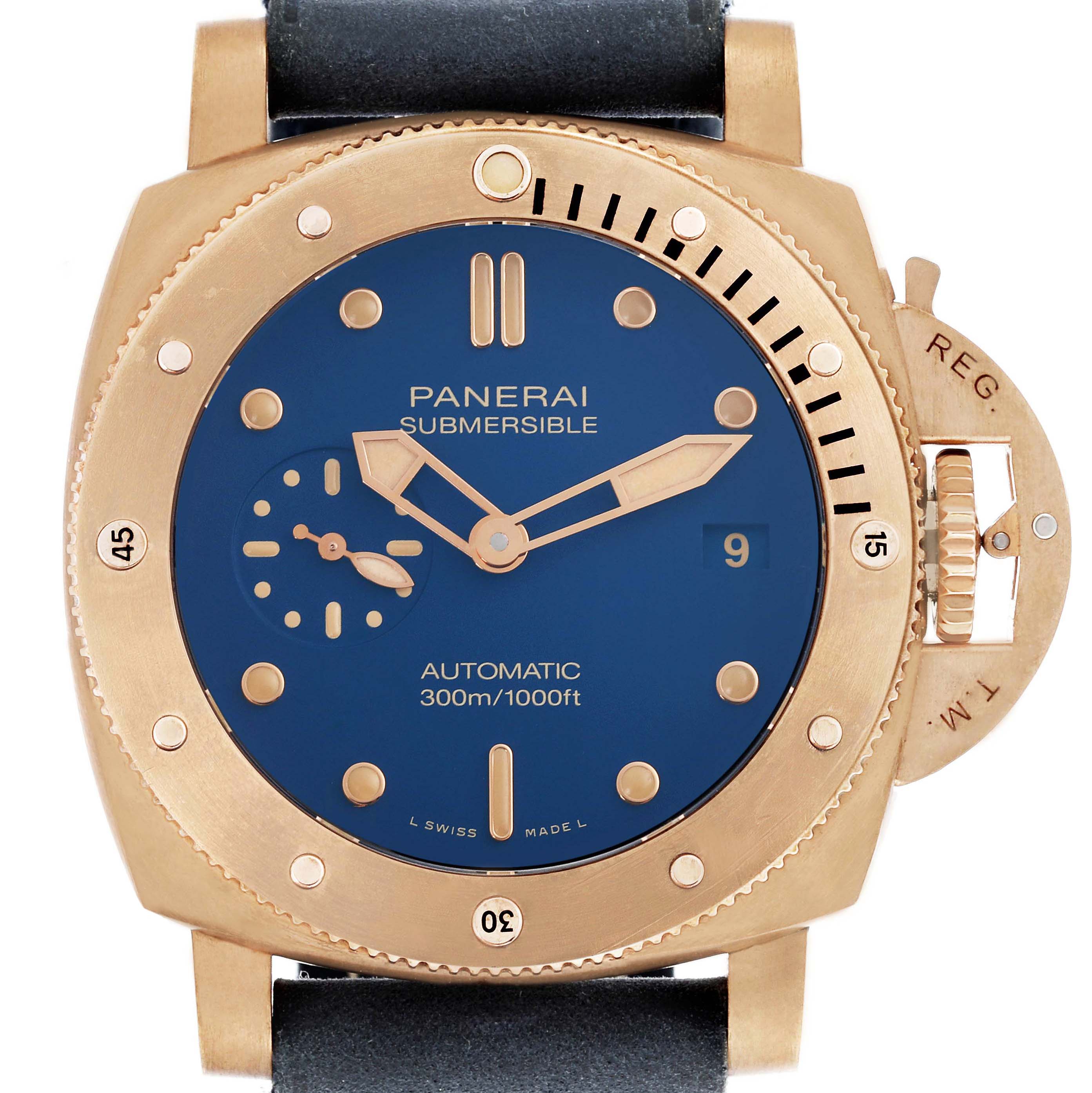 The Panerai Submersible PAM01074 Men's Bronze Blue Dial PAM01074 Men's Bronze Blue Dial watch is shown from the front, displaying the blue dial, gold-tone case, and strap attachment.