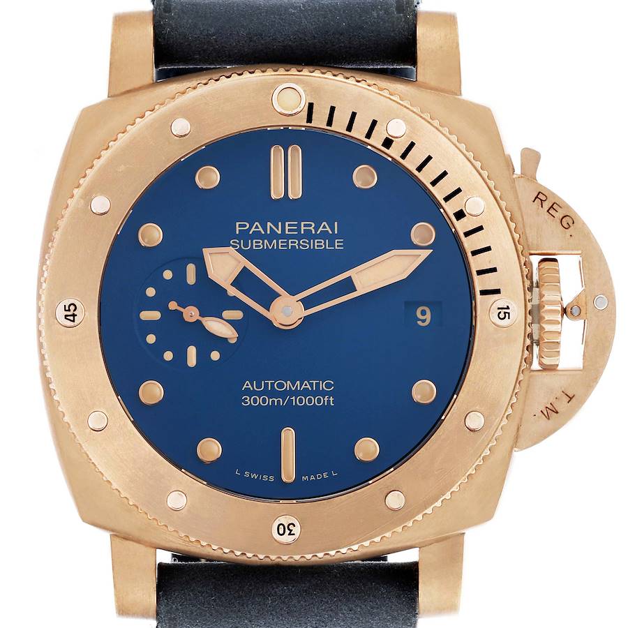 The Panerai Submersible watch is shown from the front, displaying the blue dial, gold-tone case, and strap attachment.