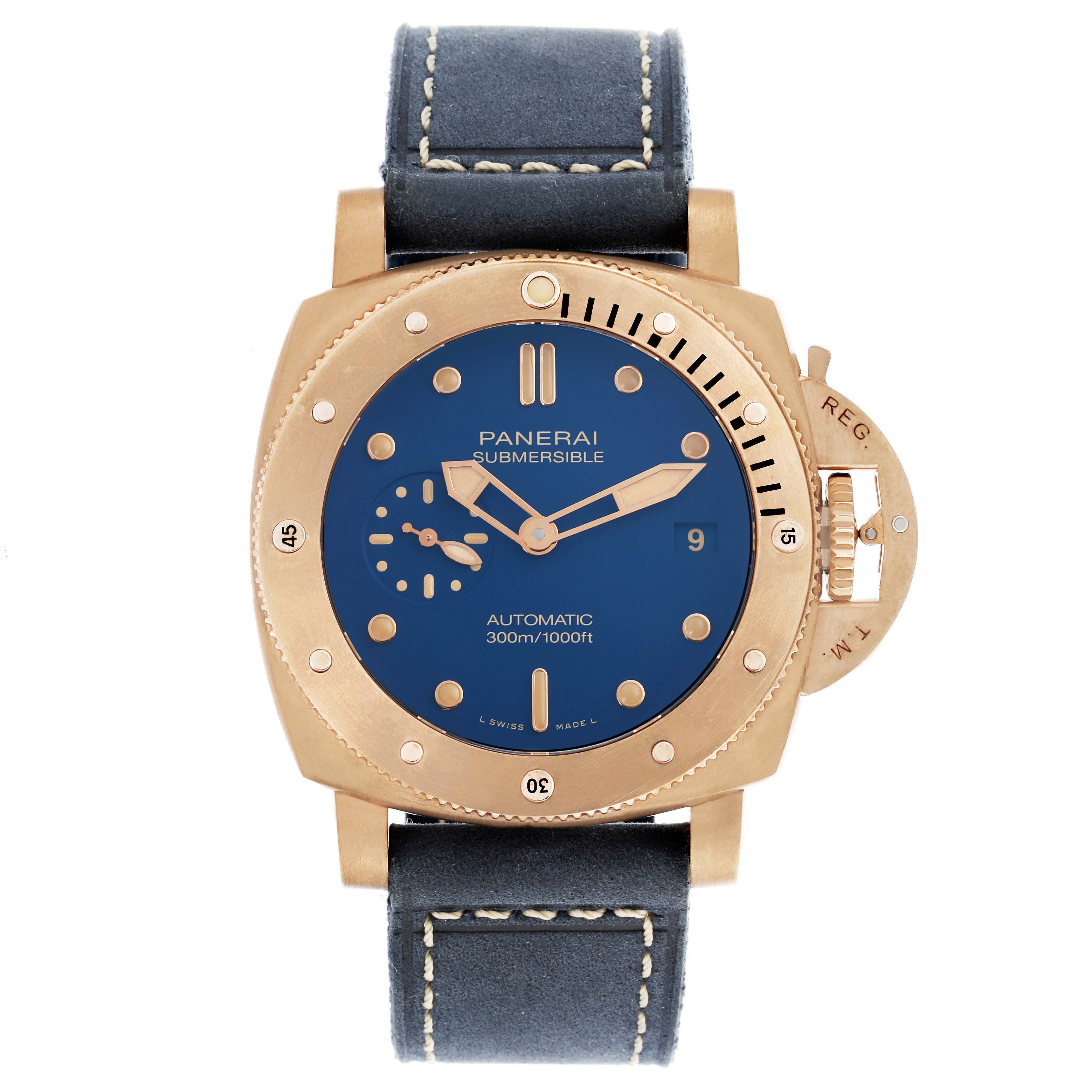 The Panerai Submersible PAM01074 Men's Bronze Blue Dial PAM01074 Men's Bronze Blue Dial watch is shown from a front angle, displaying the dial, bezel, and strap.