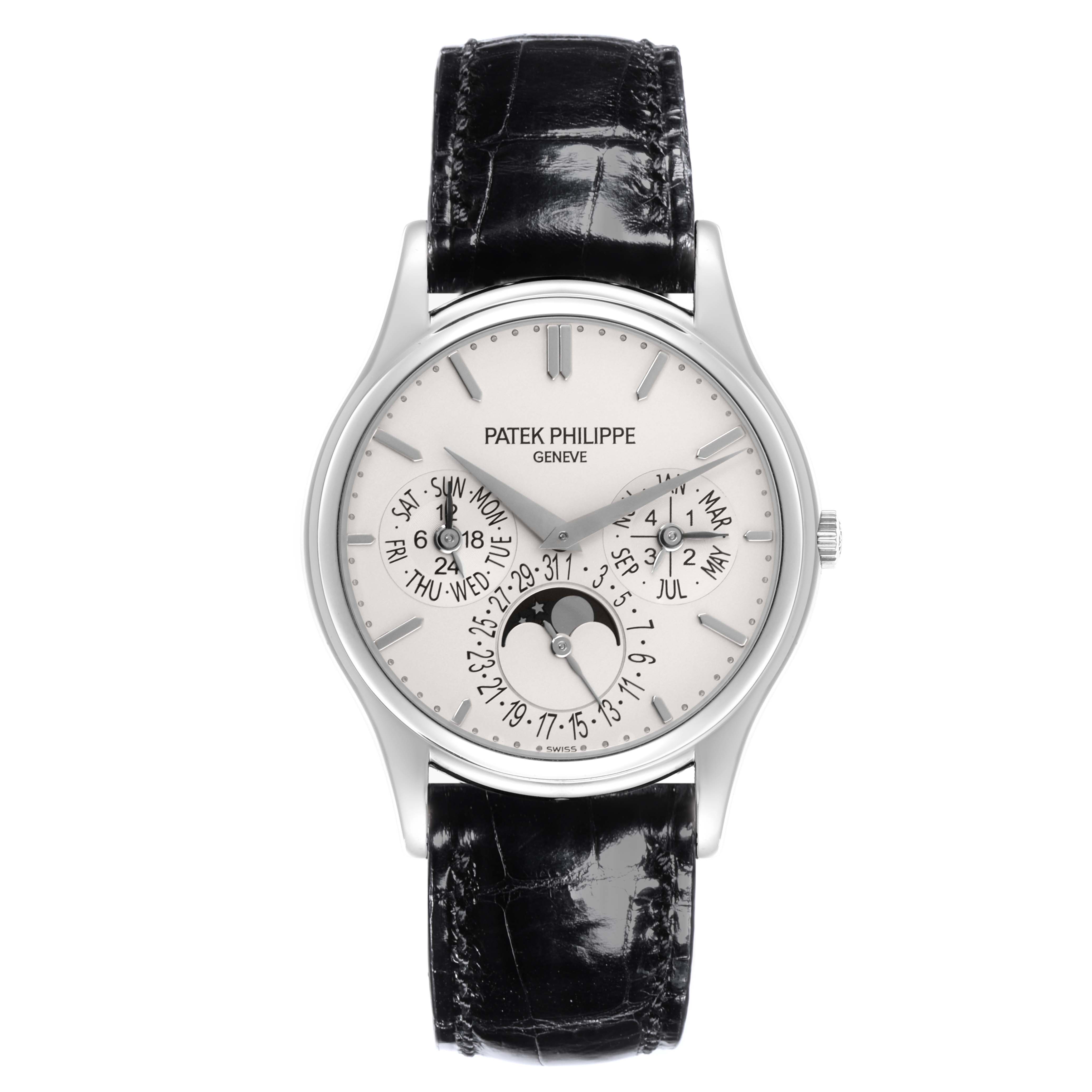 The Patek Philippe Calatrava 5140G-001 Men's White Gold Silver Dial 5140G-001 Men's White Gold Silver Dial watch is shown from the front, displaying its face, dials, and black leather strap.