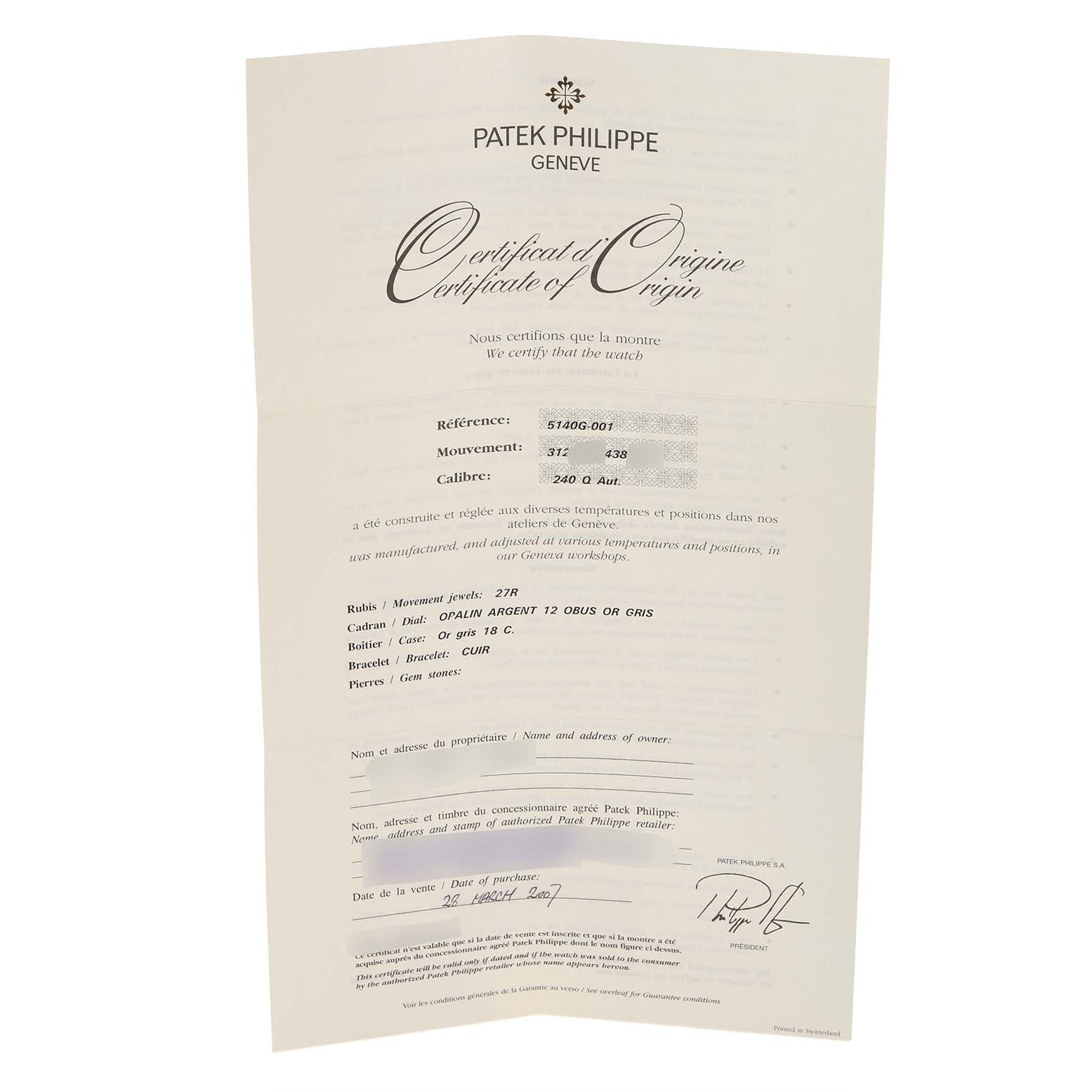 The image shows a Patek Philippe Calatrava 5140G-001 Men's White Gold Silver Dial 5140G-001 Men's White Gold Silver Dial certificate of origin, viewed from the front.