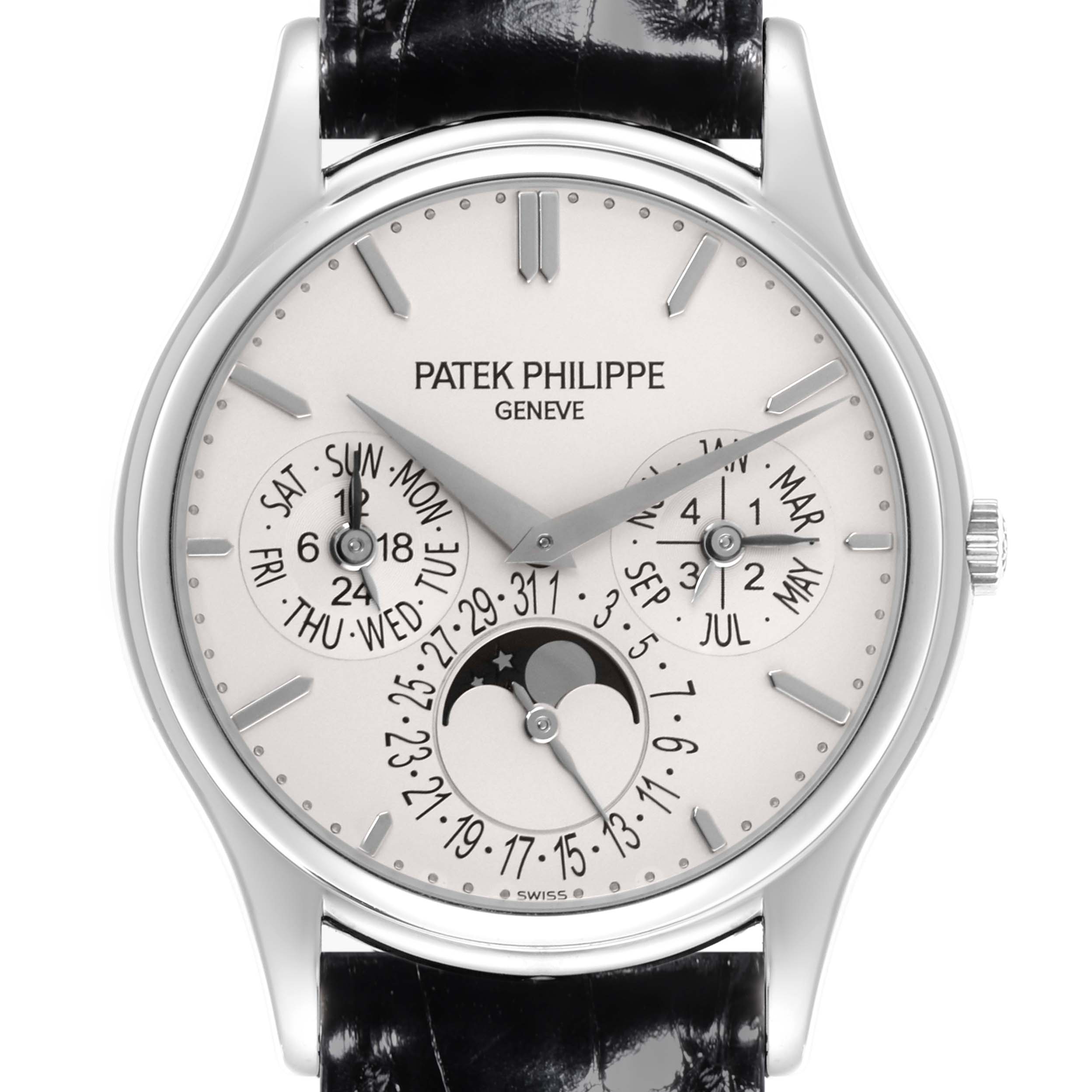 The Patek Philippe Calatrava 5140G-001 Men's White Gold Silver Dial 5140G-001 Men's White Gold Silver Dial watch is shown from a front view, displaying its dial, hands, subdials, and leather strap.